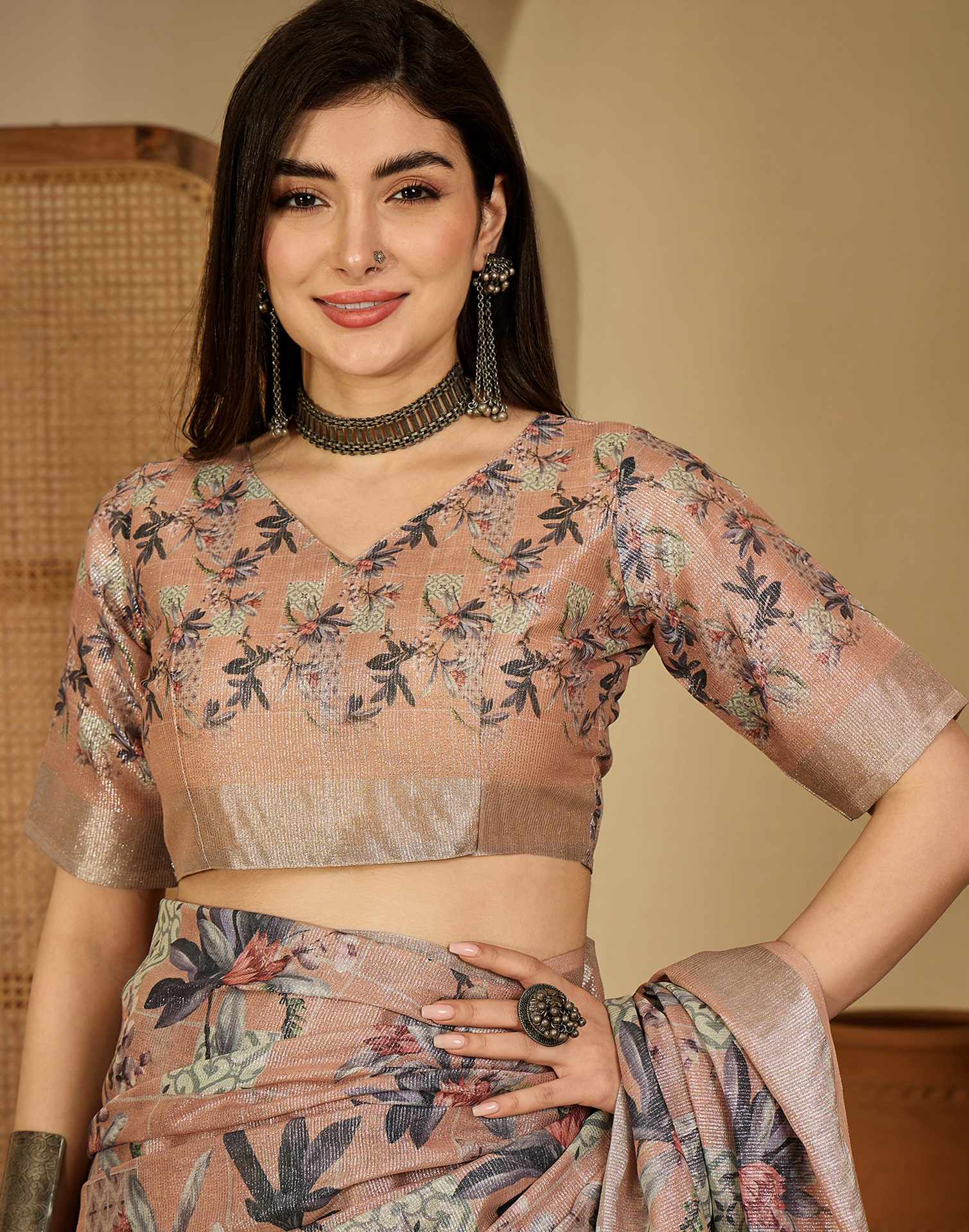 Light Brown Cotton Floral Printed Saree