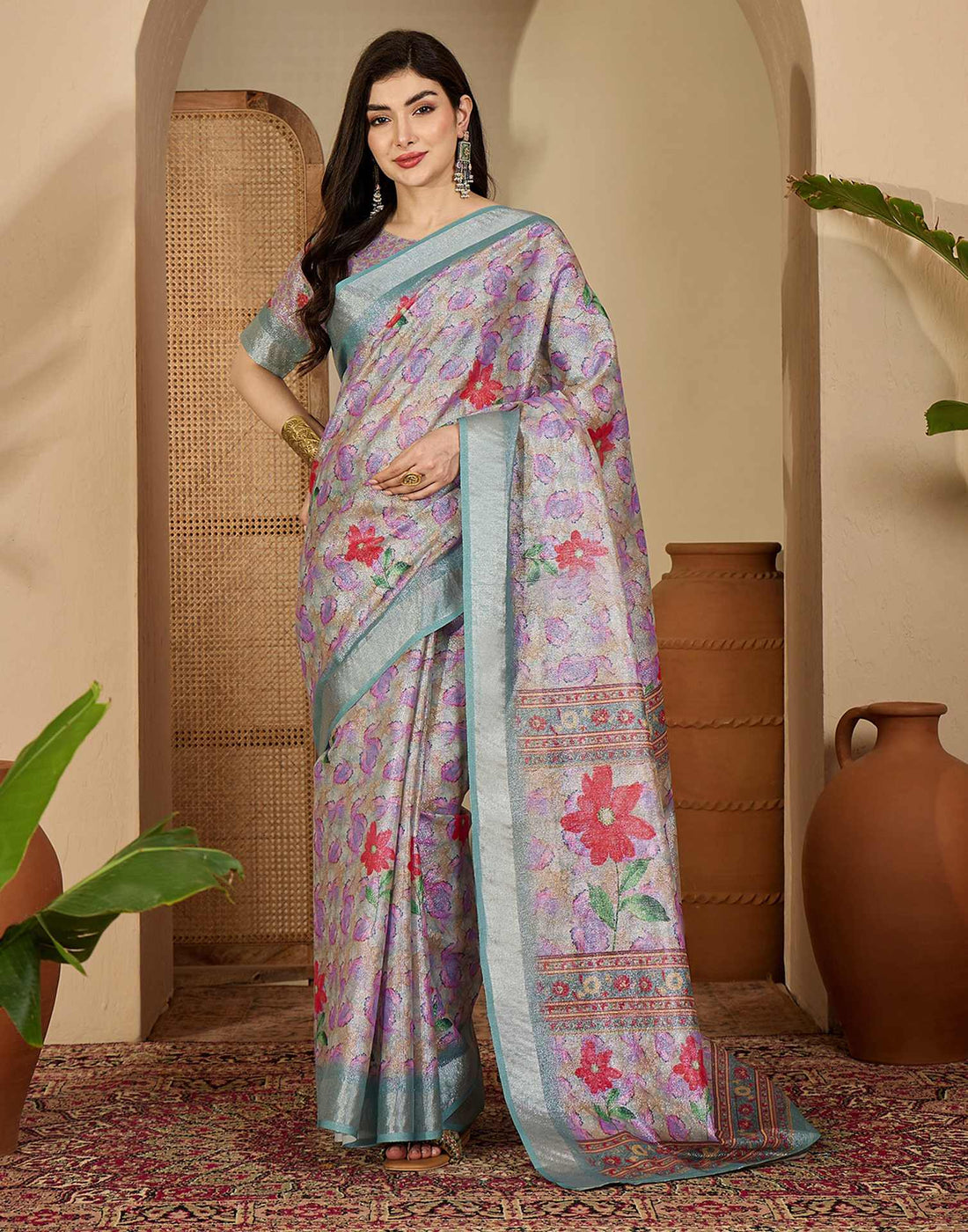 Multicoloured Cotton Floral Printed Saree
