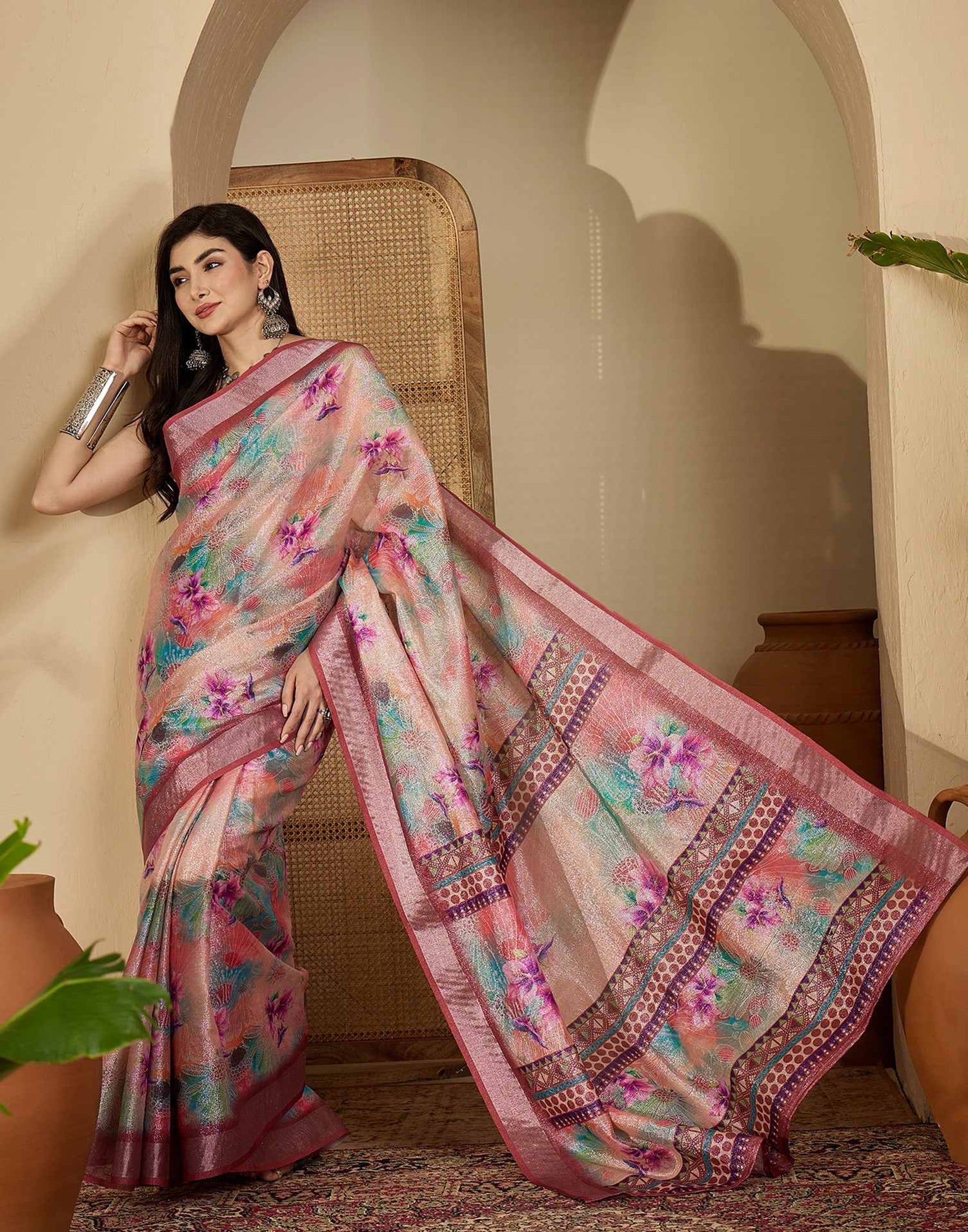 Multicoloured Cotton Floral Printed Saree