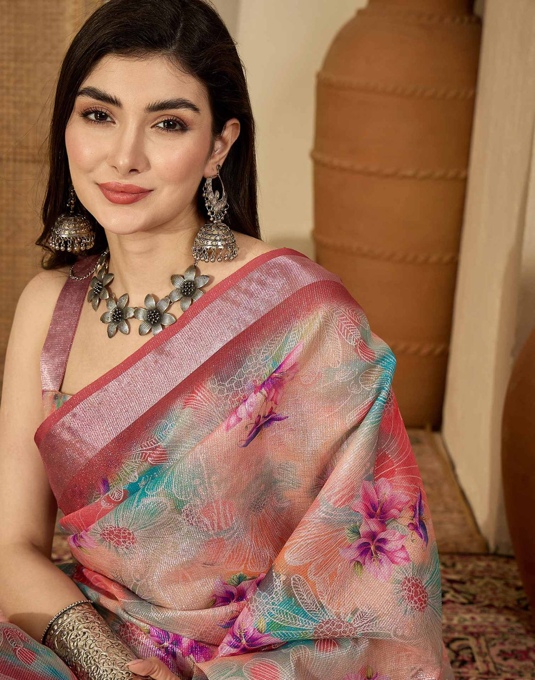 Multicoloured Cotton Floral Printed Saree