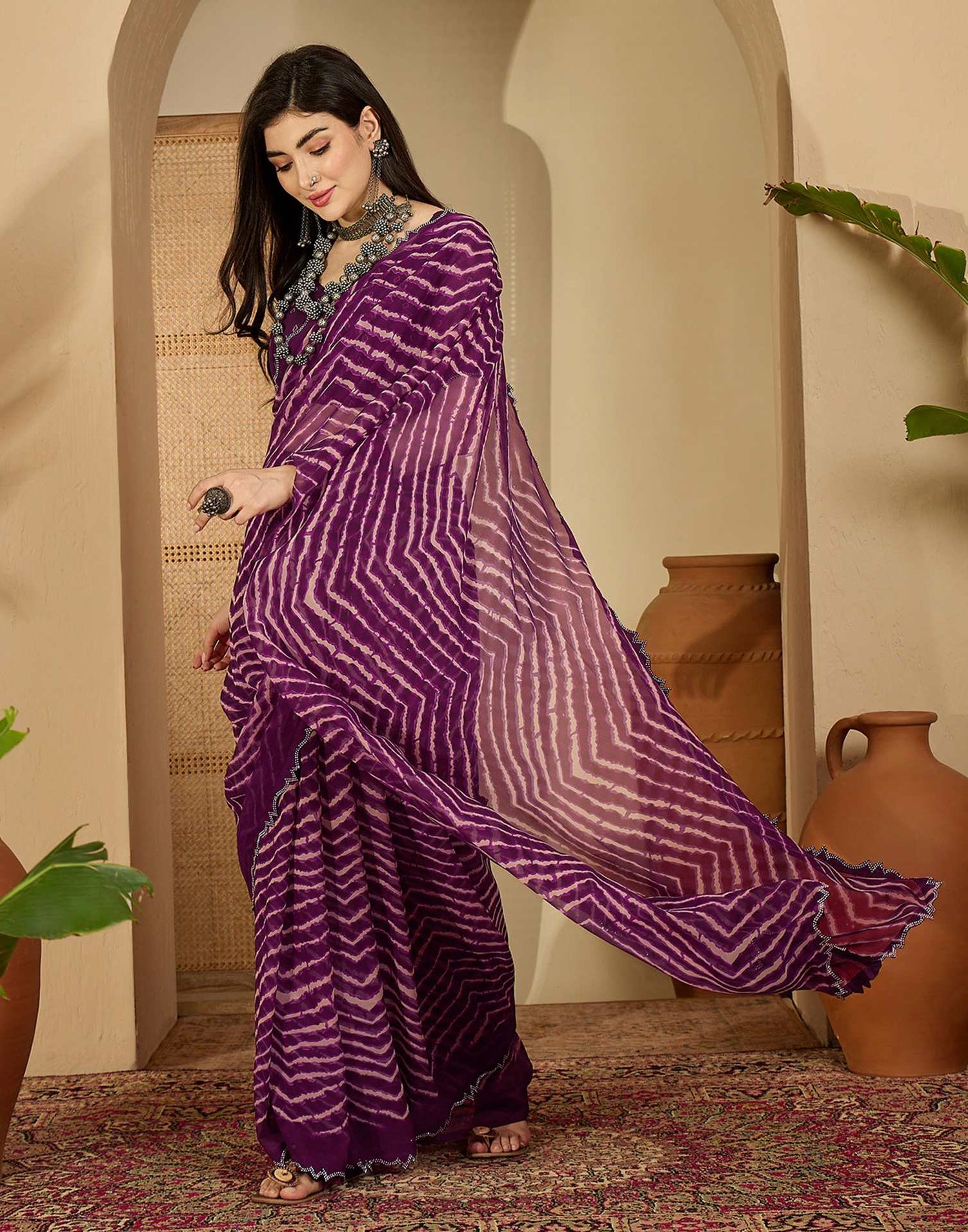 Wine Georgette Printed Laheriya Saree
