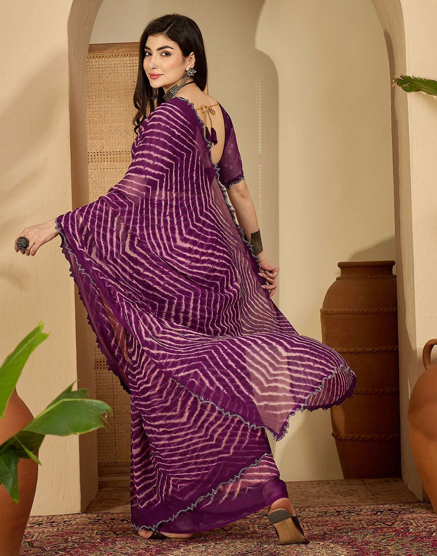 Wine Georgette Printed Laheriya Saree
