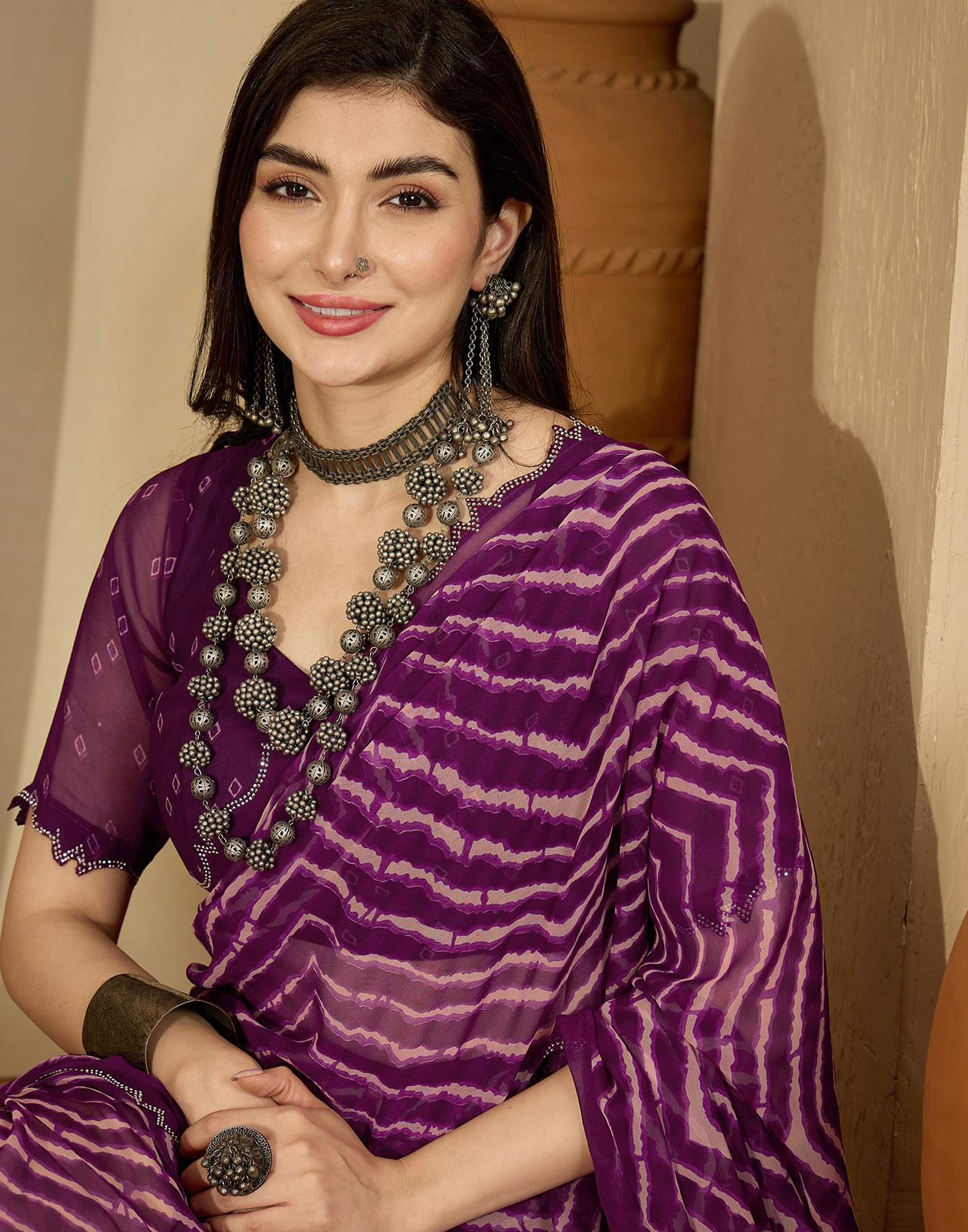 Wine Georgette Printed Laheriya Saree