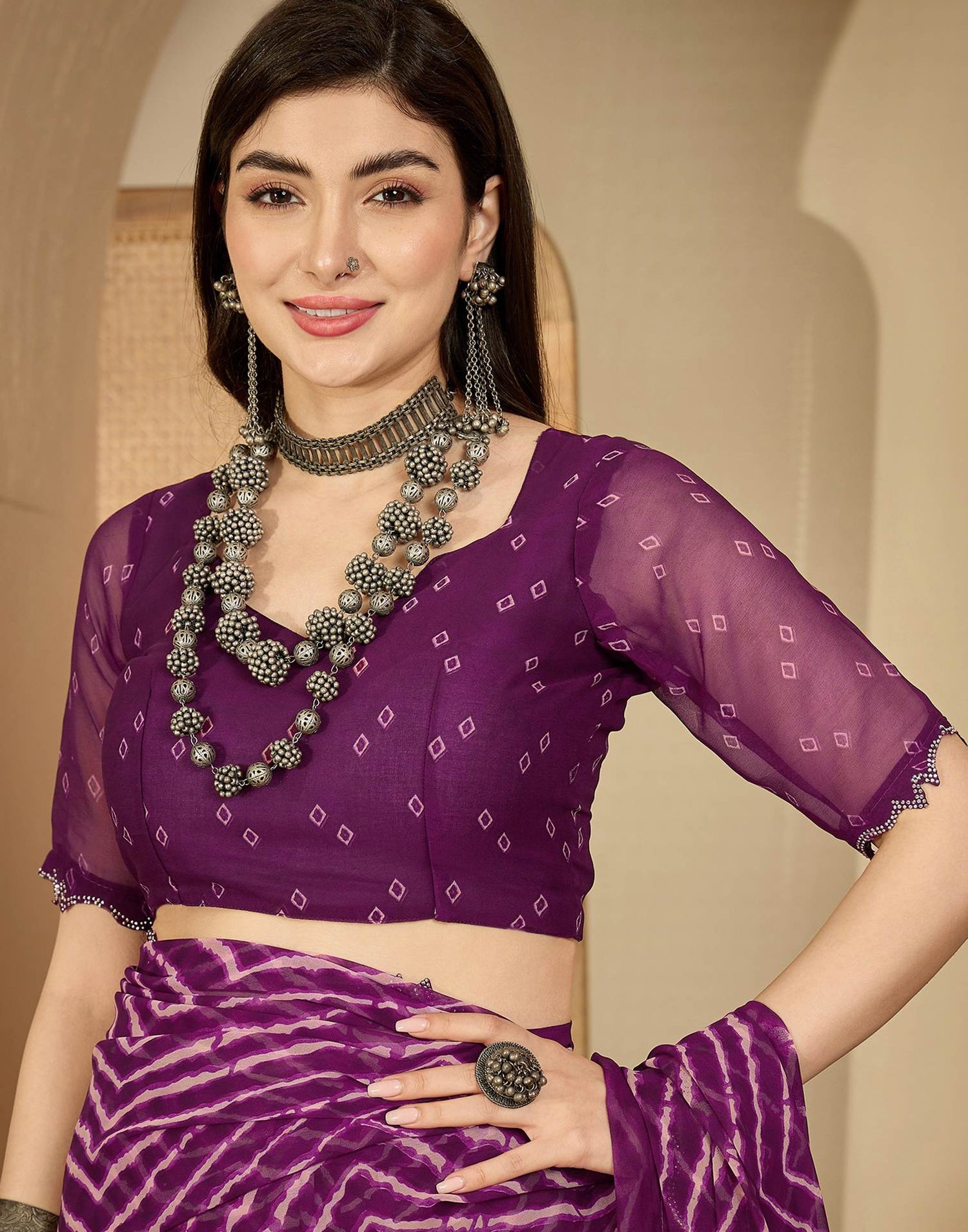 Wine Georgette Printed Laheriya Saree