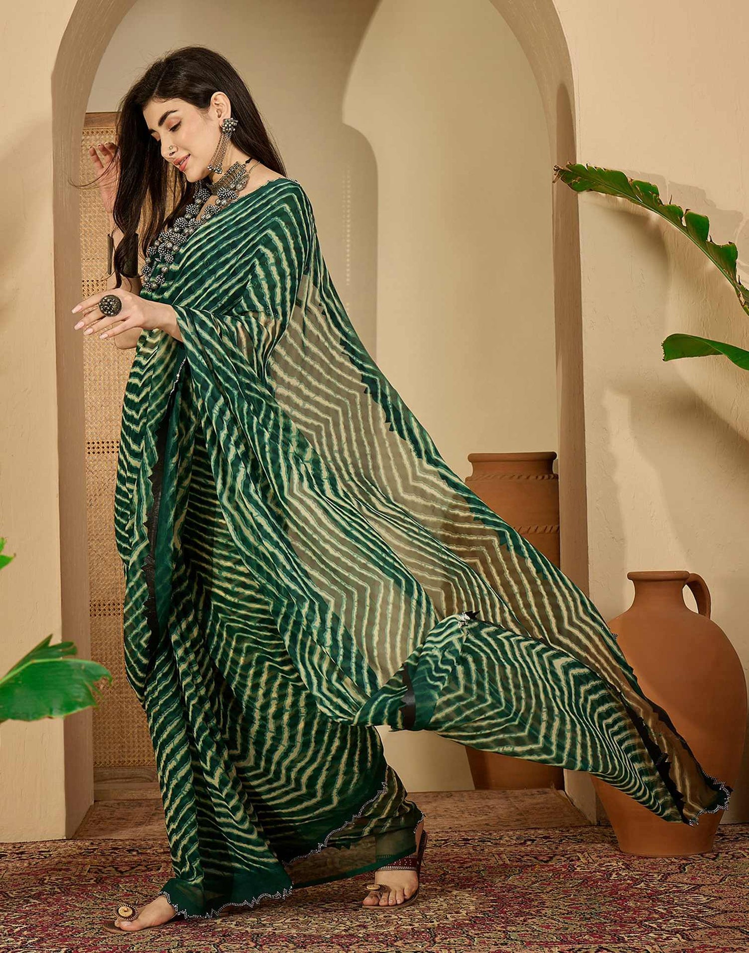 Bottle Green Georgette Printed Laheriya Saree