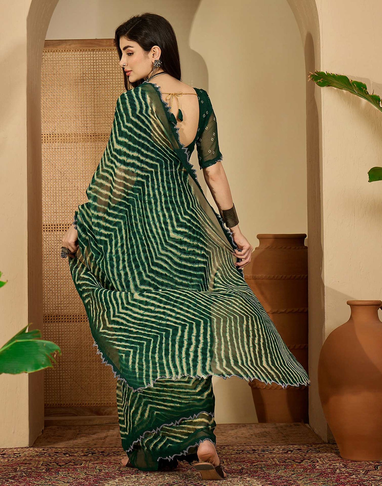 Bottle Green Georgette Printed Laheriya Saree