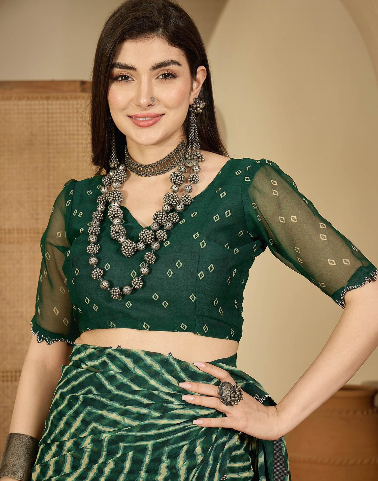 Bottle Green Georgette Printed Laheriya Saree