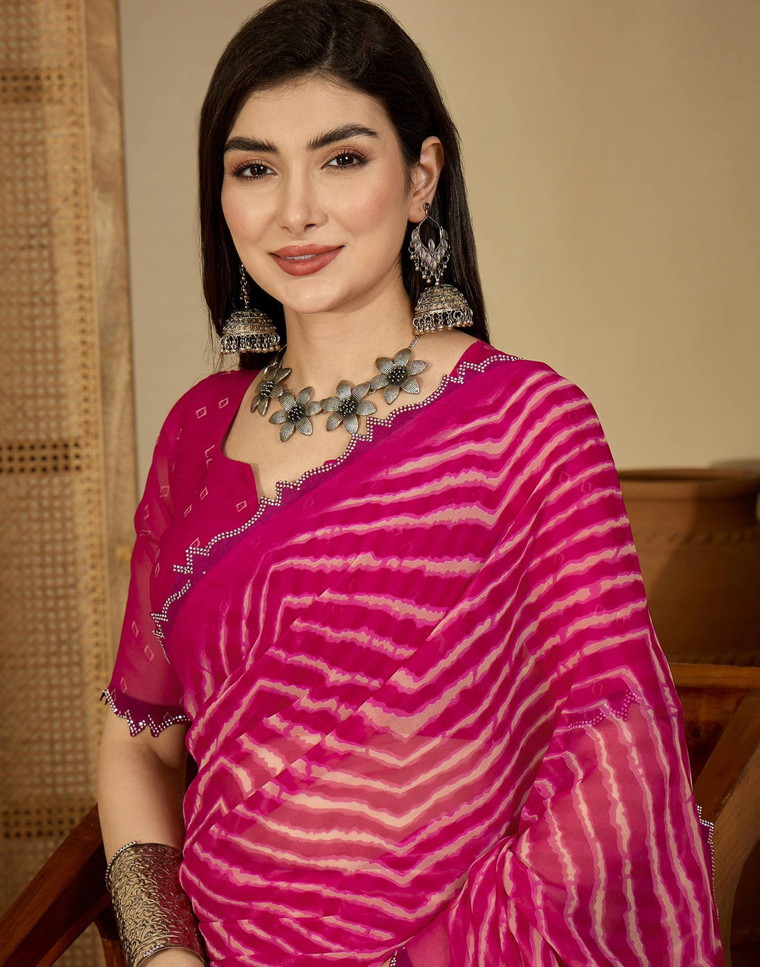 Pink Georgette Printed Laheriya Saree