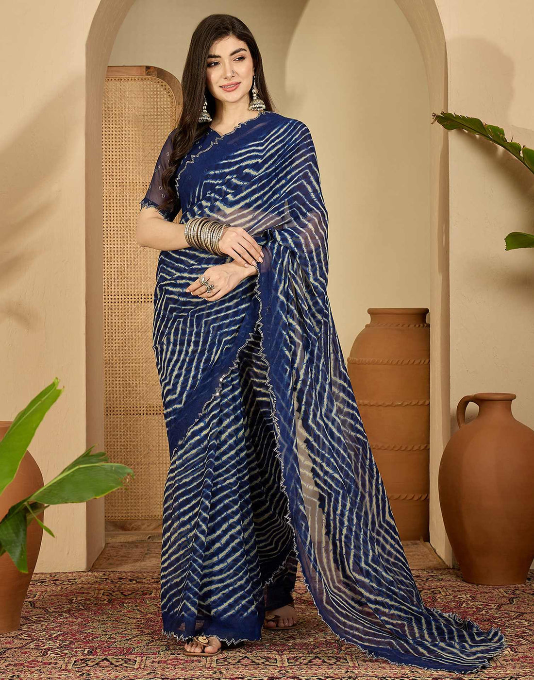 Navy Blue Georgette Printed Laheriya Saree