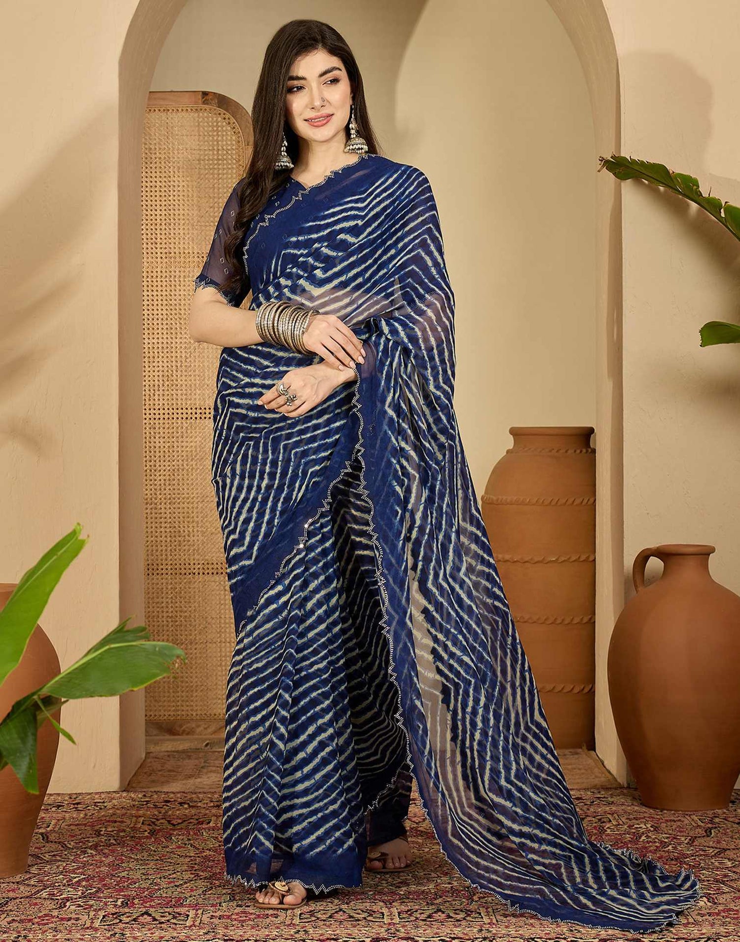 Navy Blue Georgette Printed Laheriya Saree