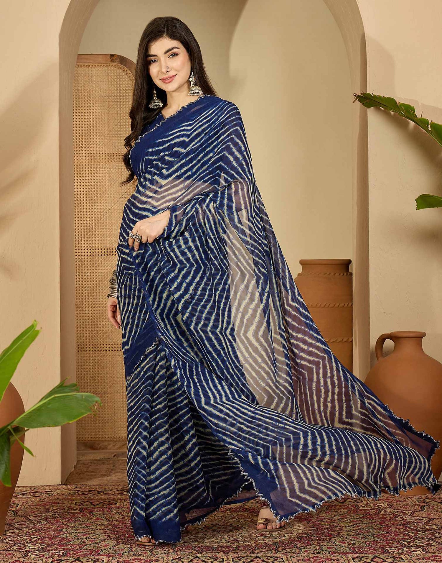 Navy Blue Georgette Printed Laheriya Saree