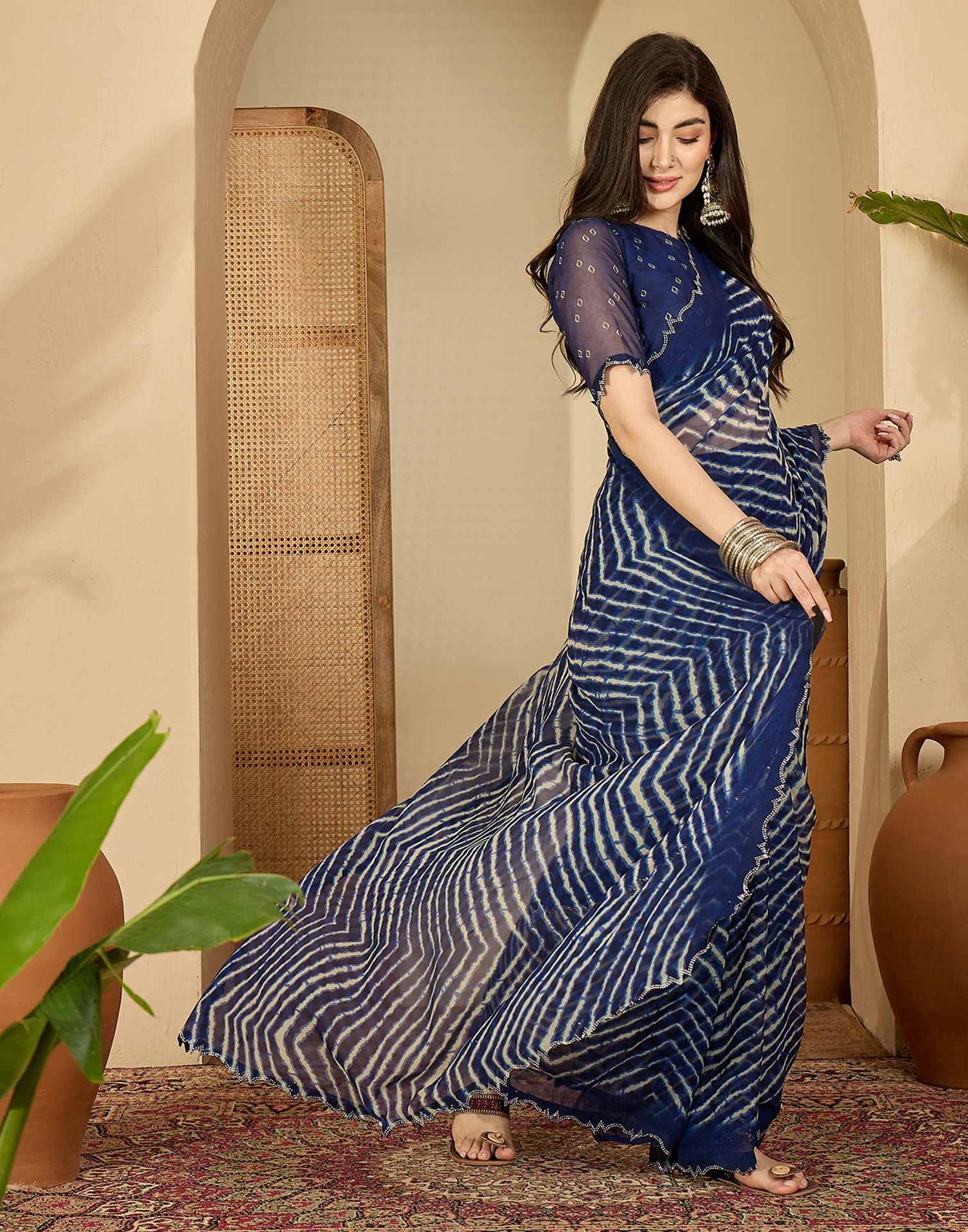 Navy Blue Georgette Printed Laheriya Saree