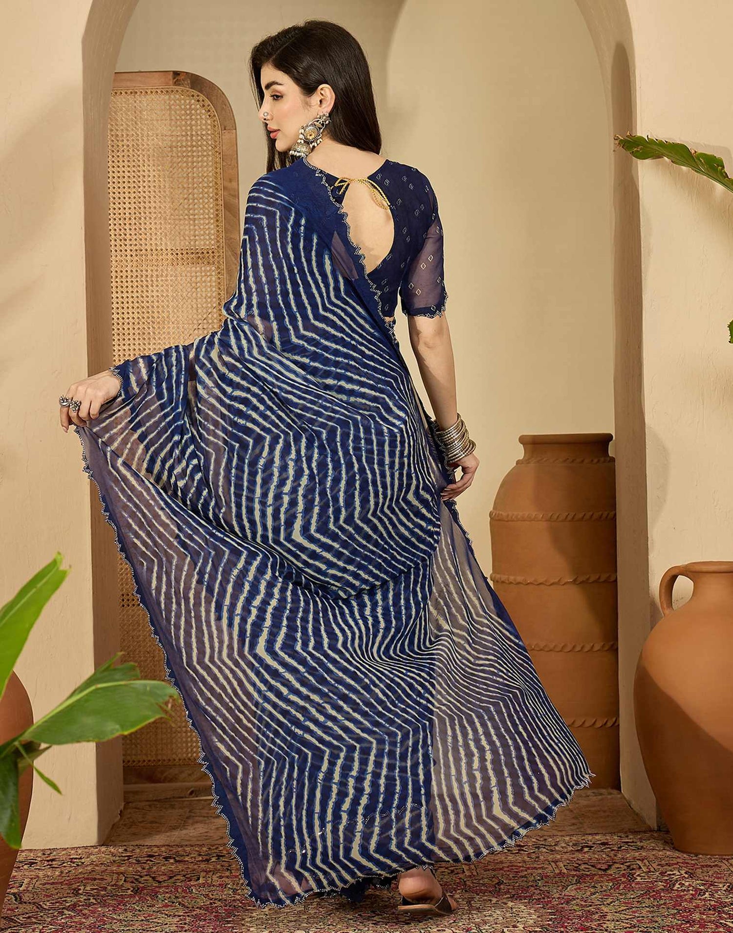 Navy Blue Georgette Printed Laheriya Saree