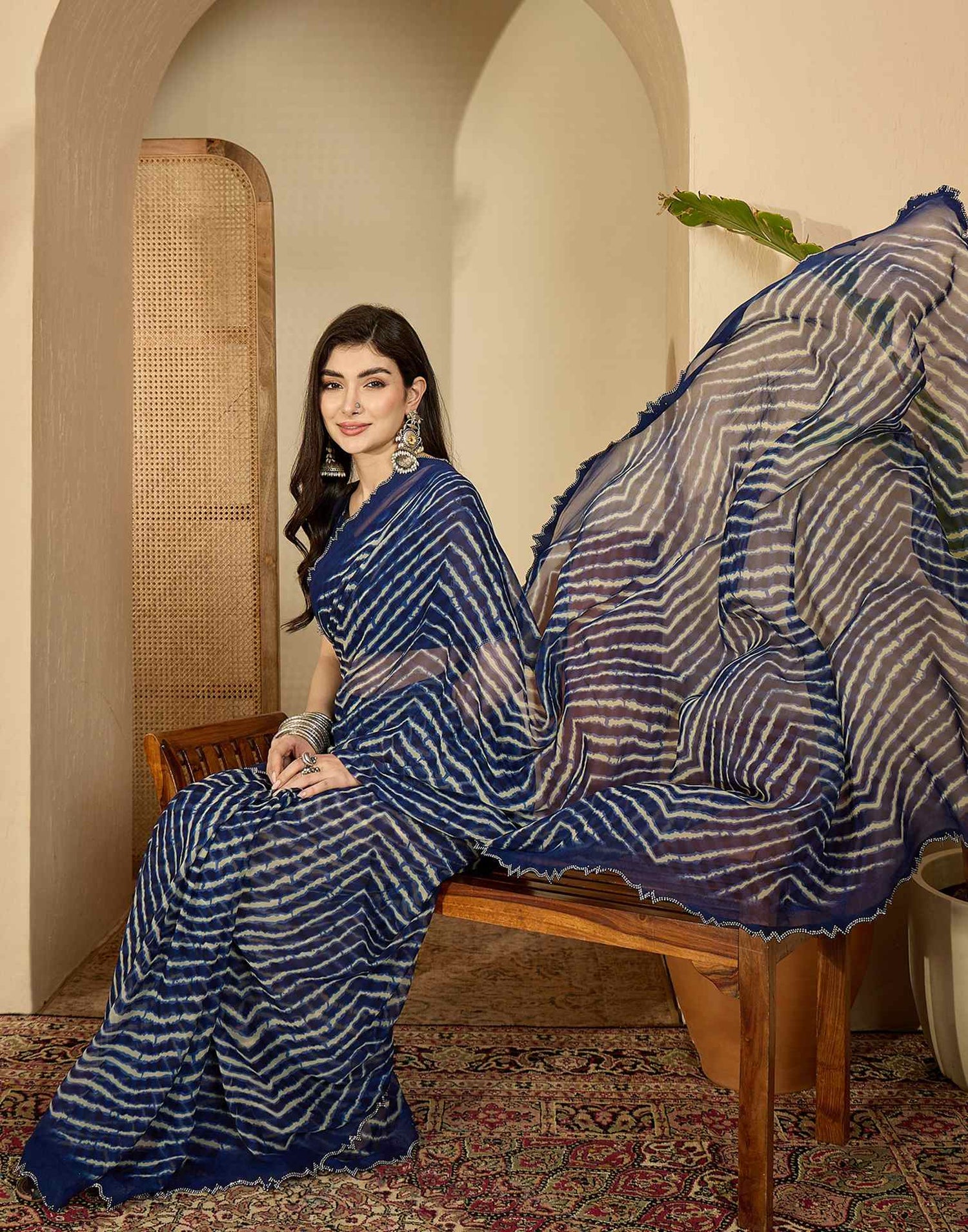 Navy Blue Georgette Printed Laheriya Saree