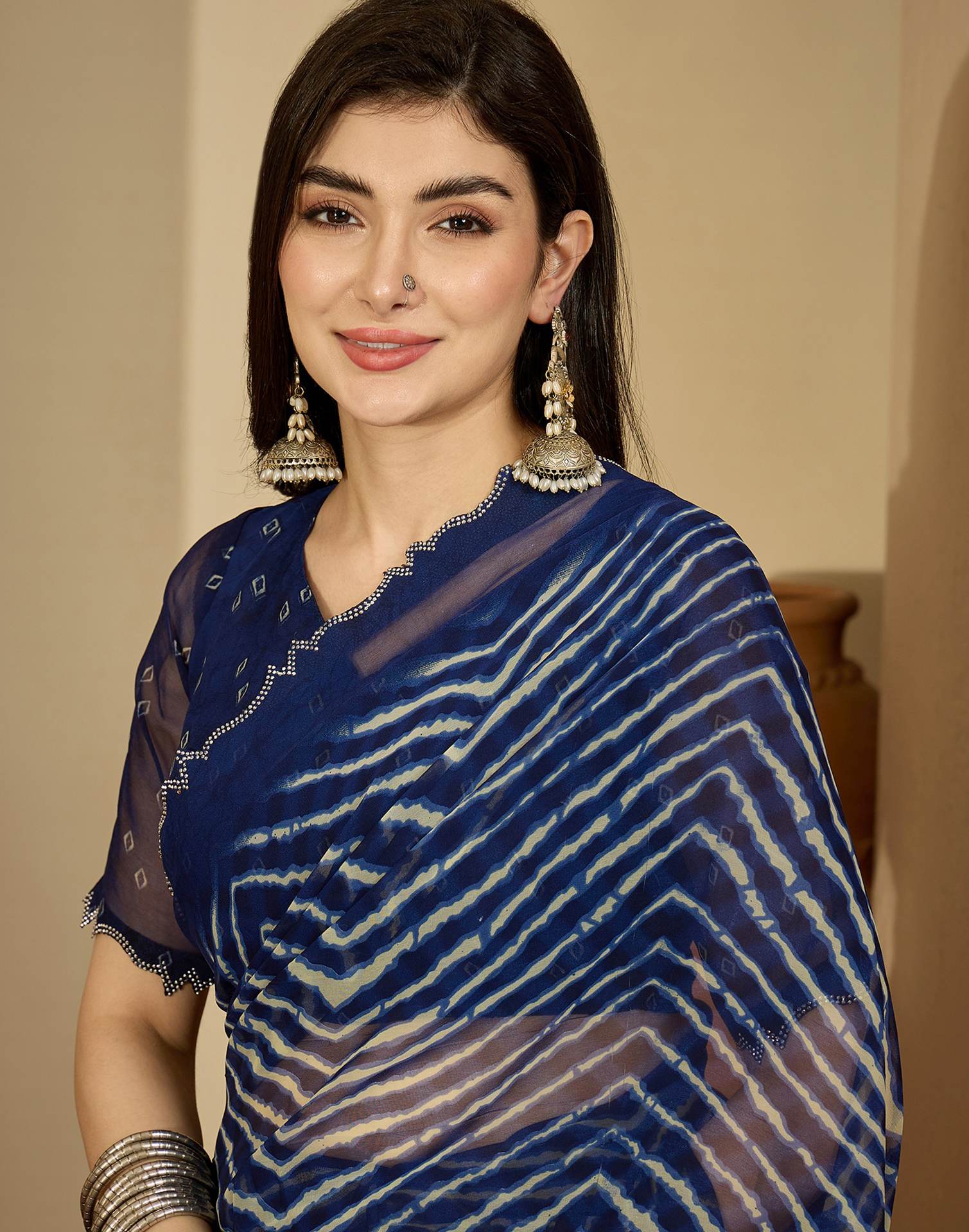 Navy Blue Georgette Printed Laheriya Saree