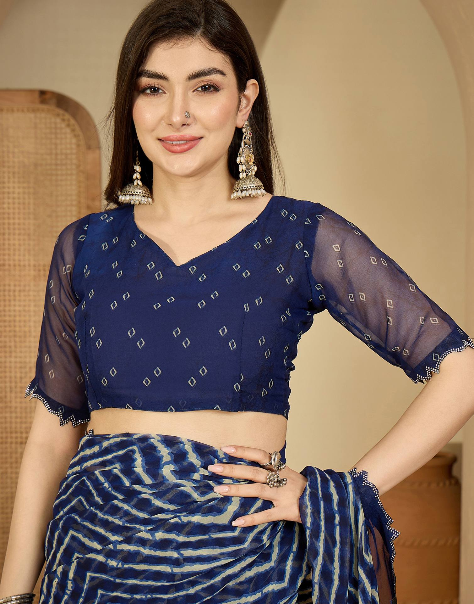 Navy Blue Georgette Printed Laheriya Saree