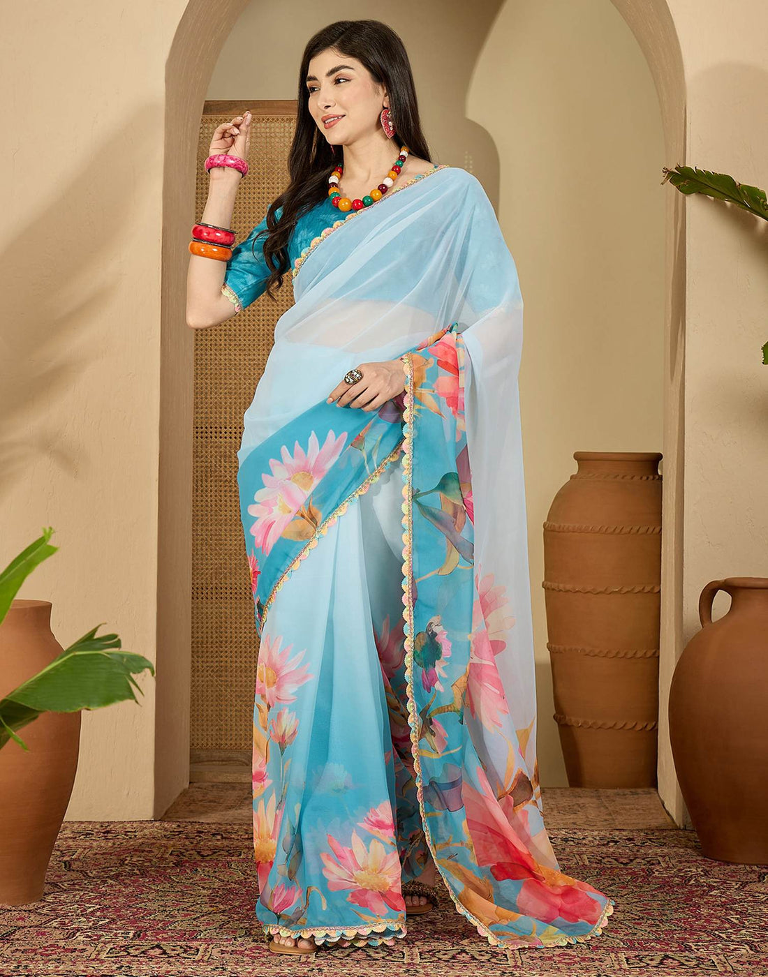 Sky Blue Georgette Floral Printed Saree