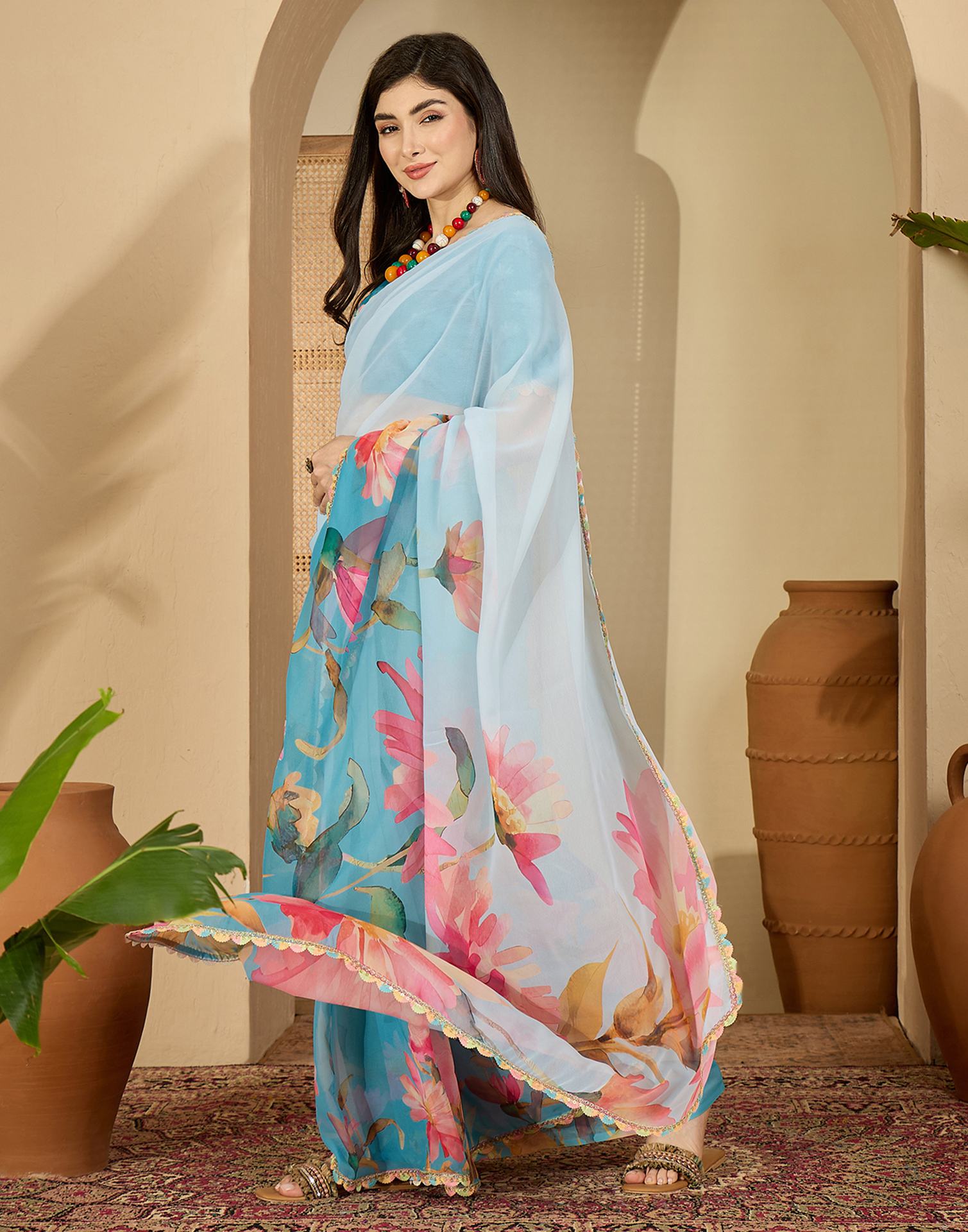 Sky Blue Georgette Floral Printed Saree