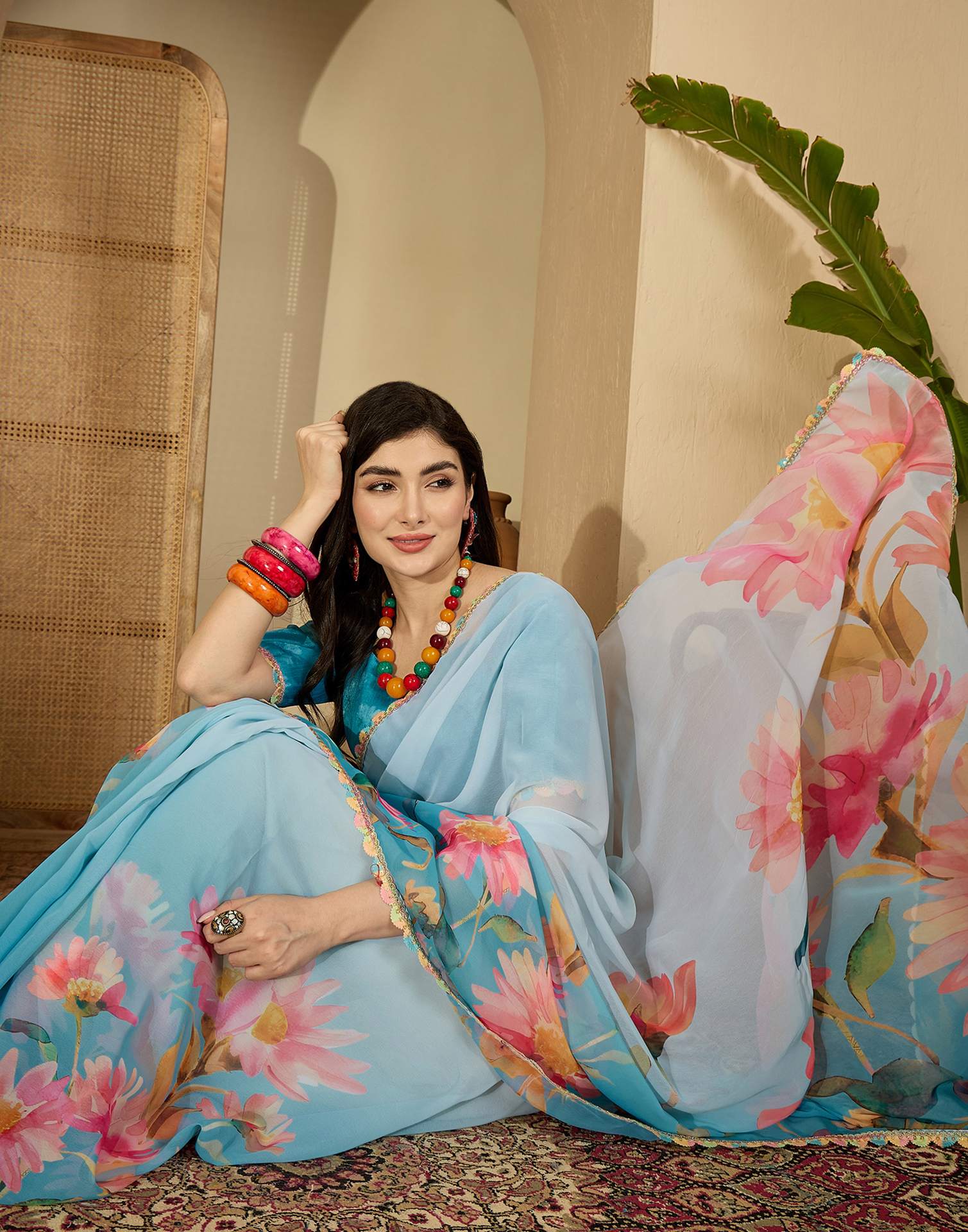 Sky Blue Georgette Floral Printed Saree