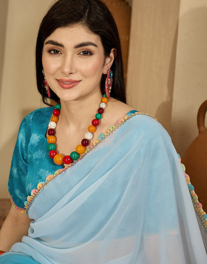 Sky Blue Georgette Floral Printed Saree