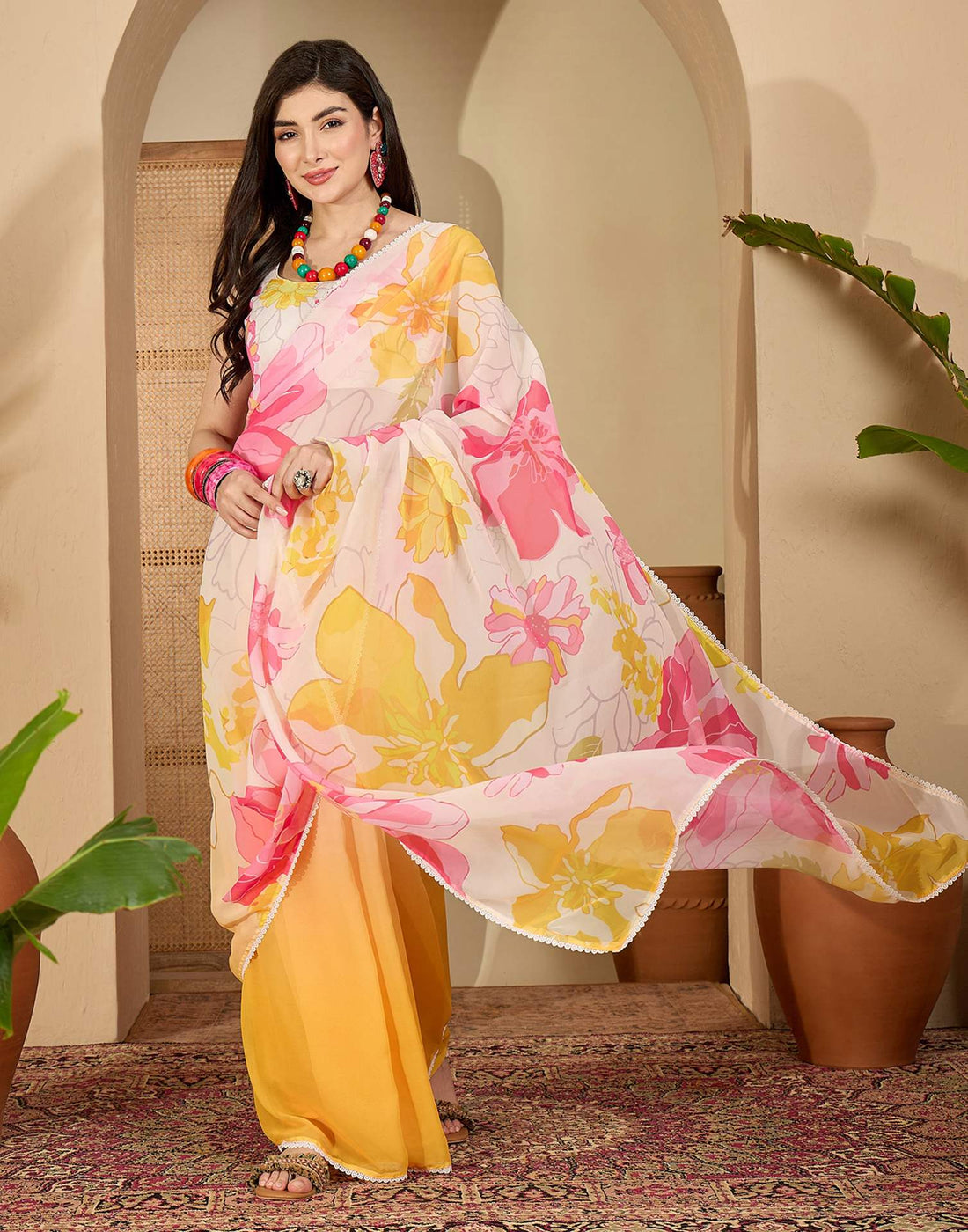 Yellow Georgette Printed Saree