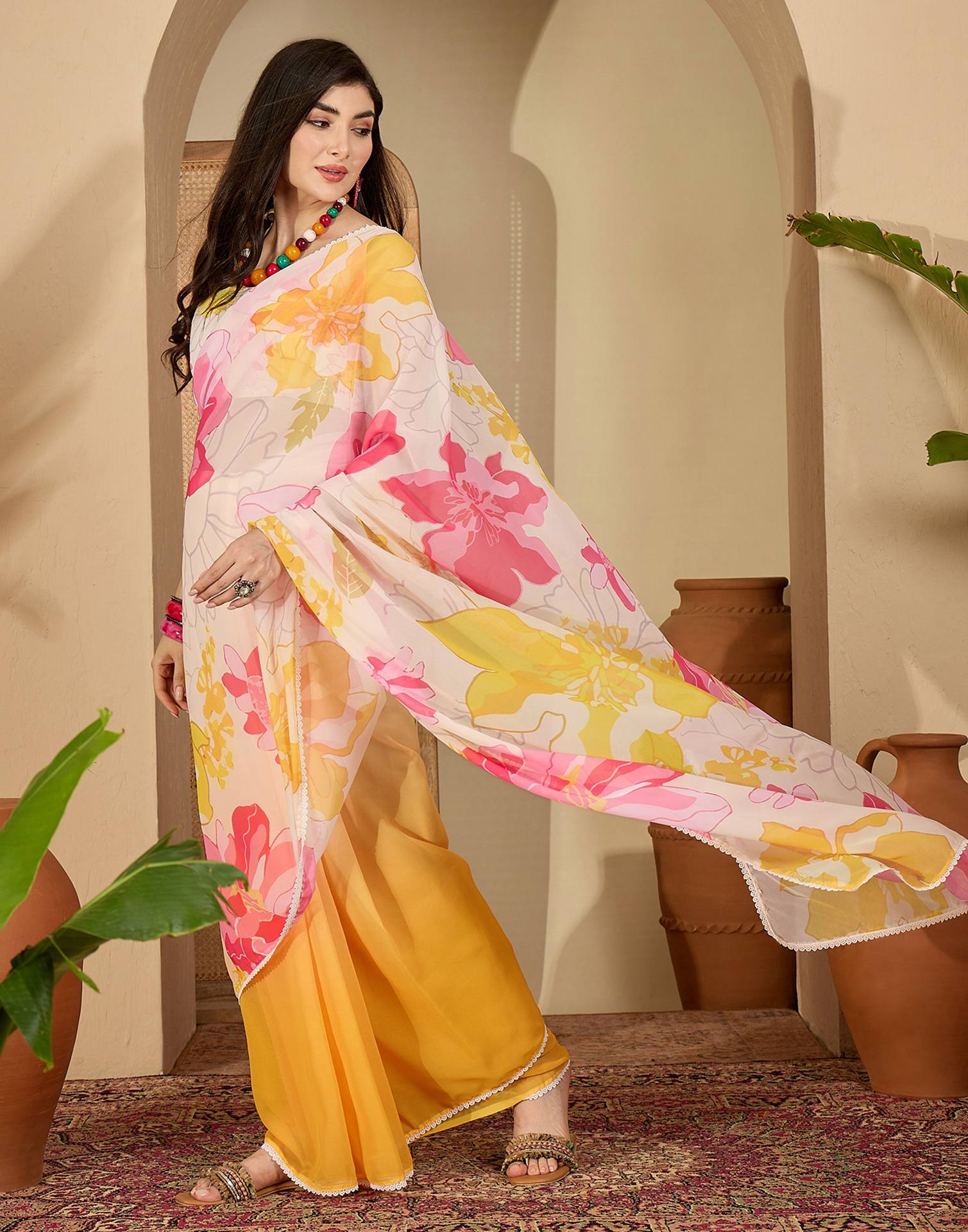 Yellow Georgette Printed Saree