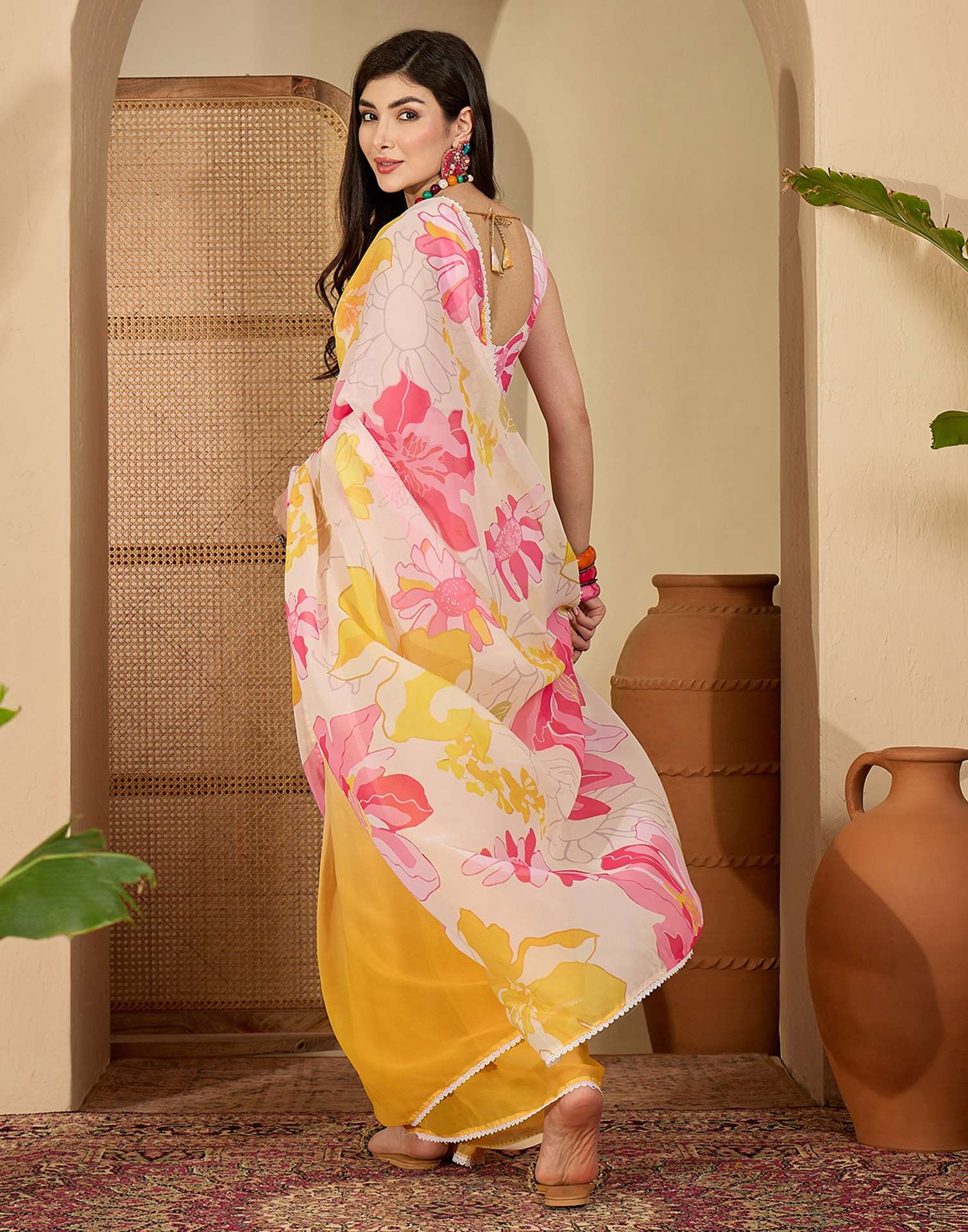 Yellow Georgette Printed Saree