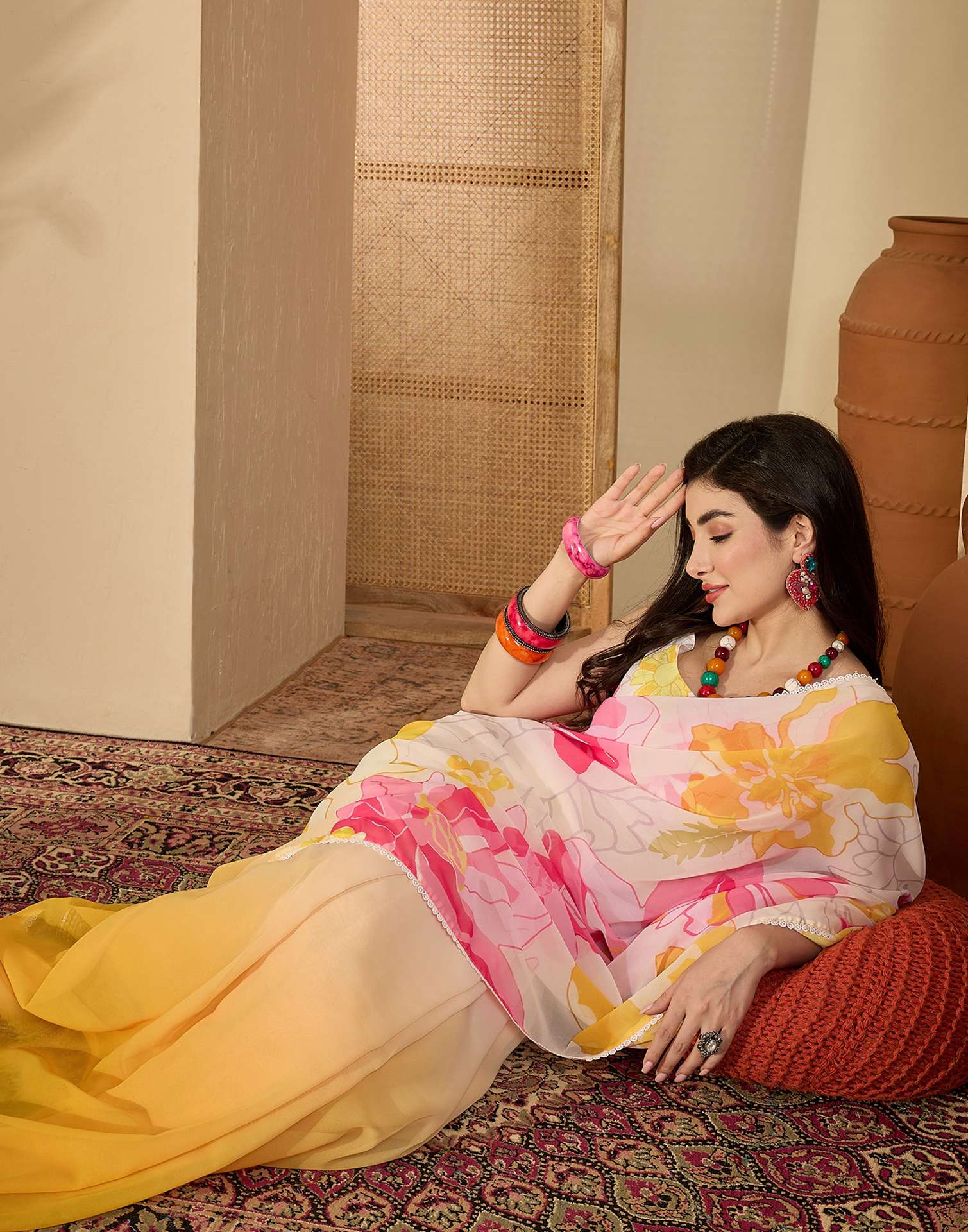 Yellow Georgette Printed Saree