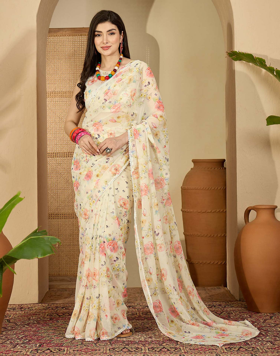 Light Yellow Georgette Floral Printed Saree