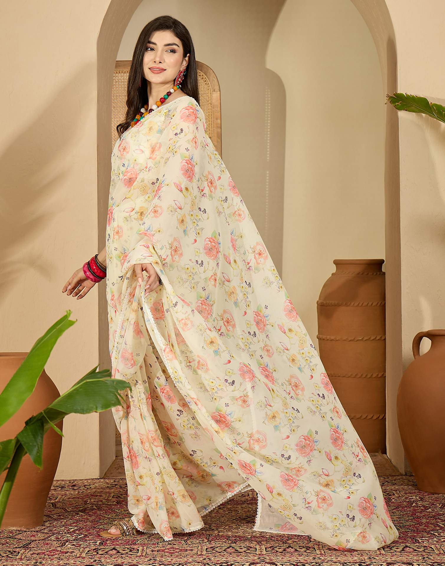 Light Yellow Georgette Floral Printed Saree
