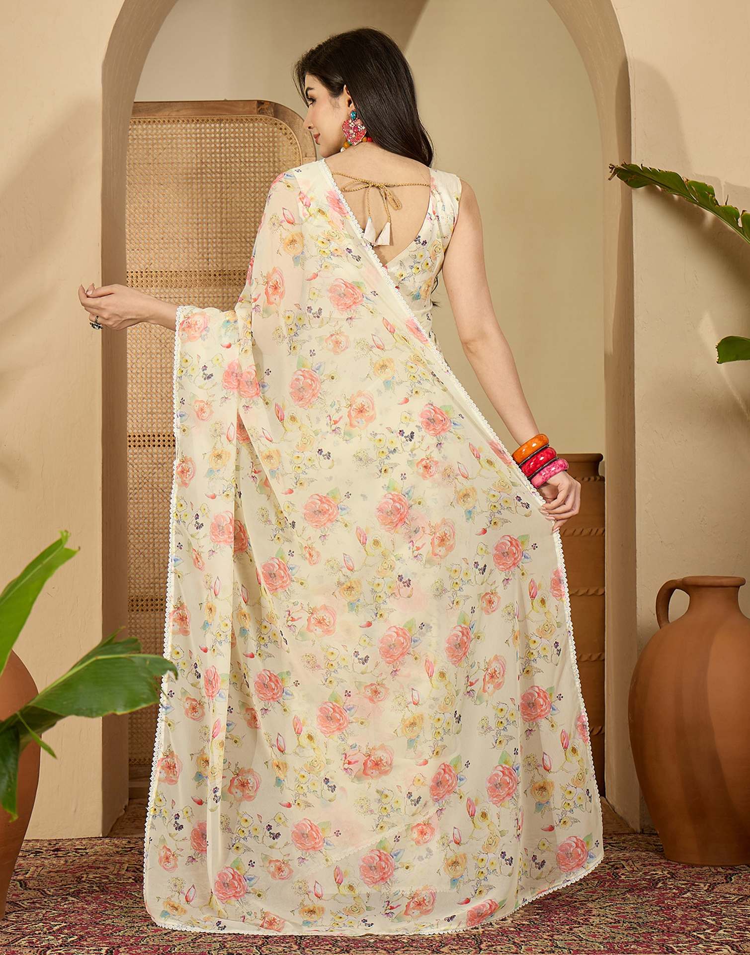 Light Yellow Georgette Floral Printed Saree