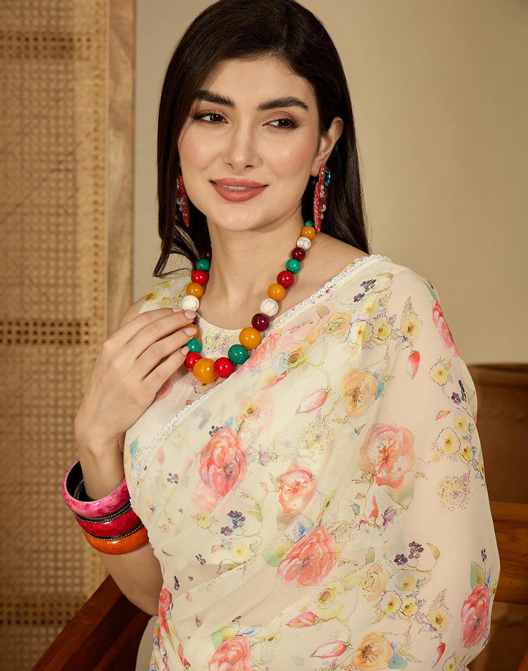 Light Cream Georgette Floral Printed Saree