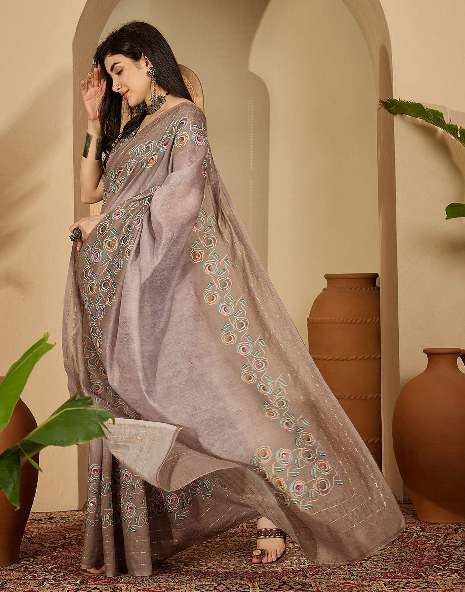Mauve Linen Printed Saree