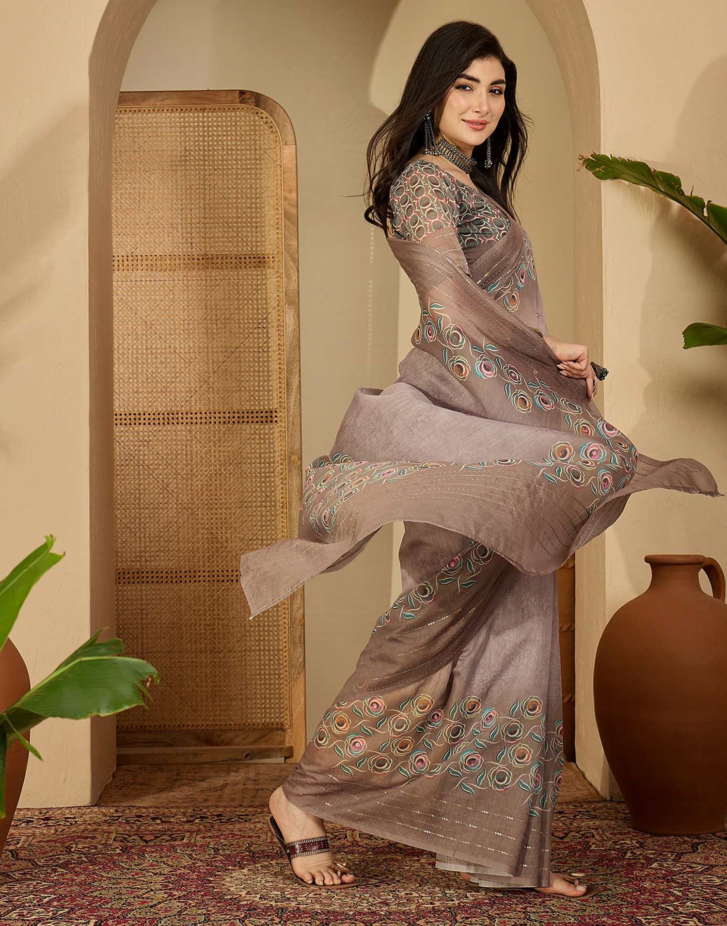 Mauve Linen Printed Saree