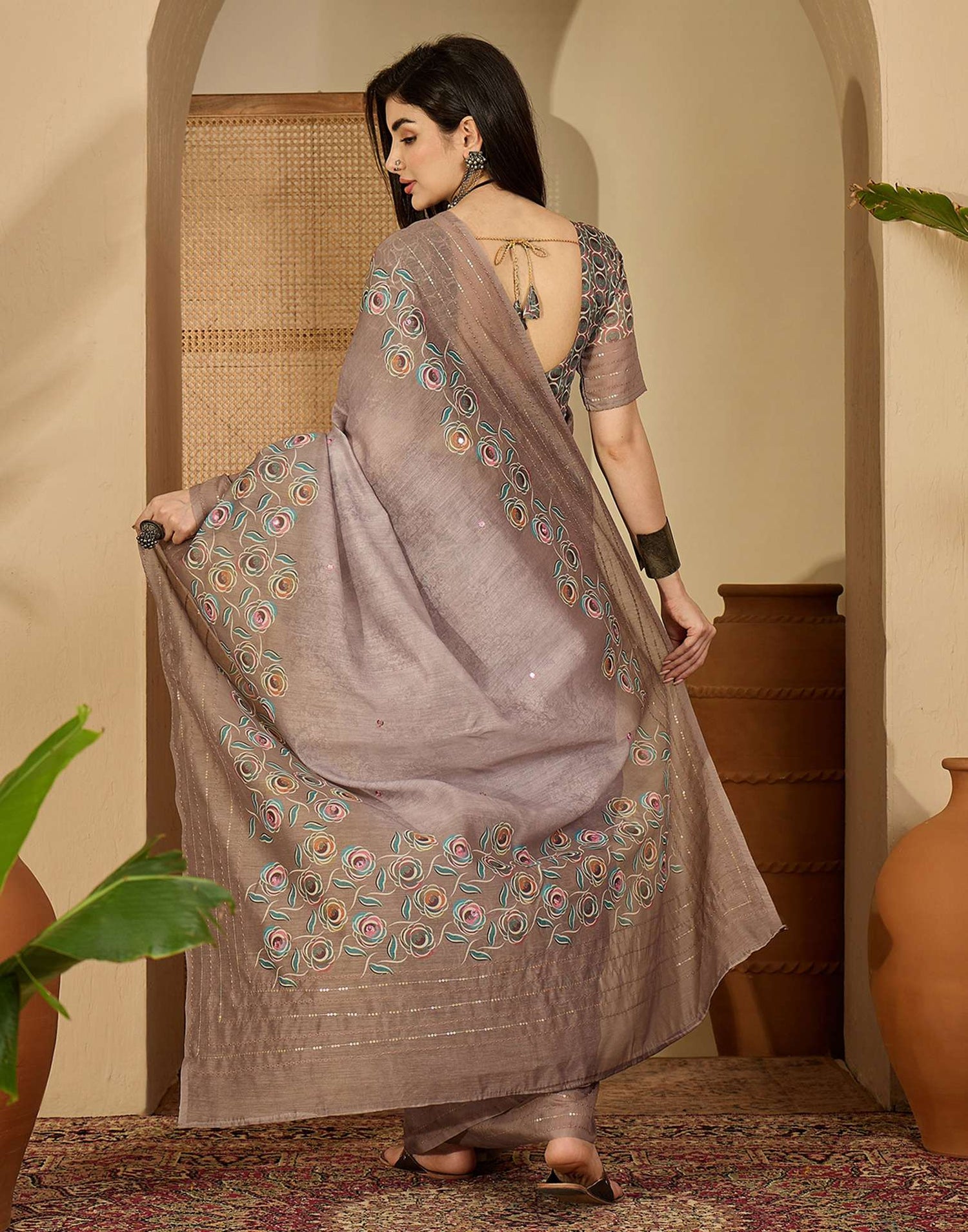 Mauve Linen Printed Saree