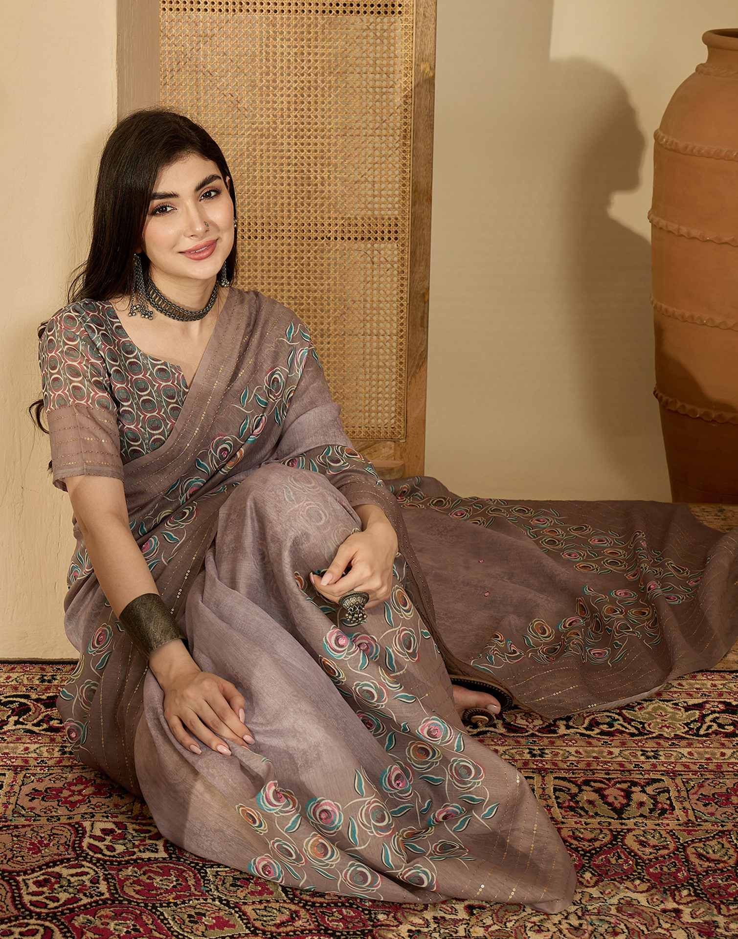 Mauve Linen Printed Saree