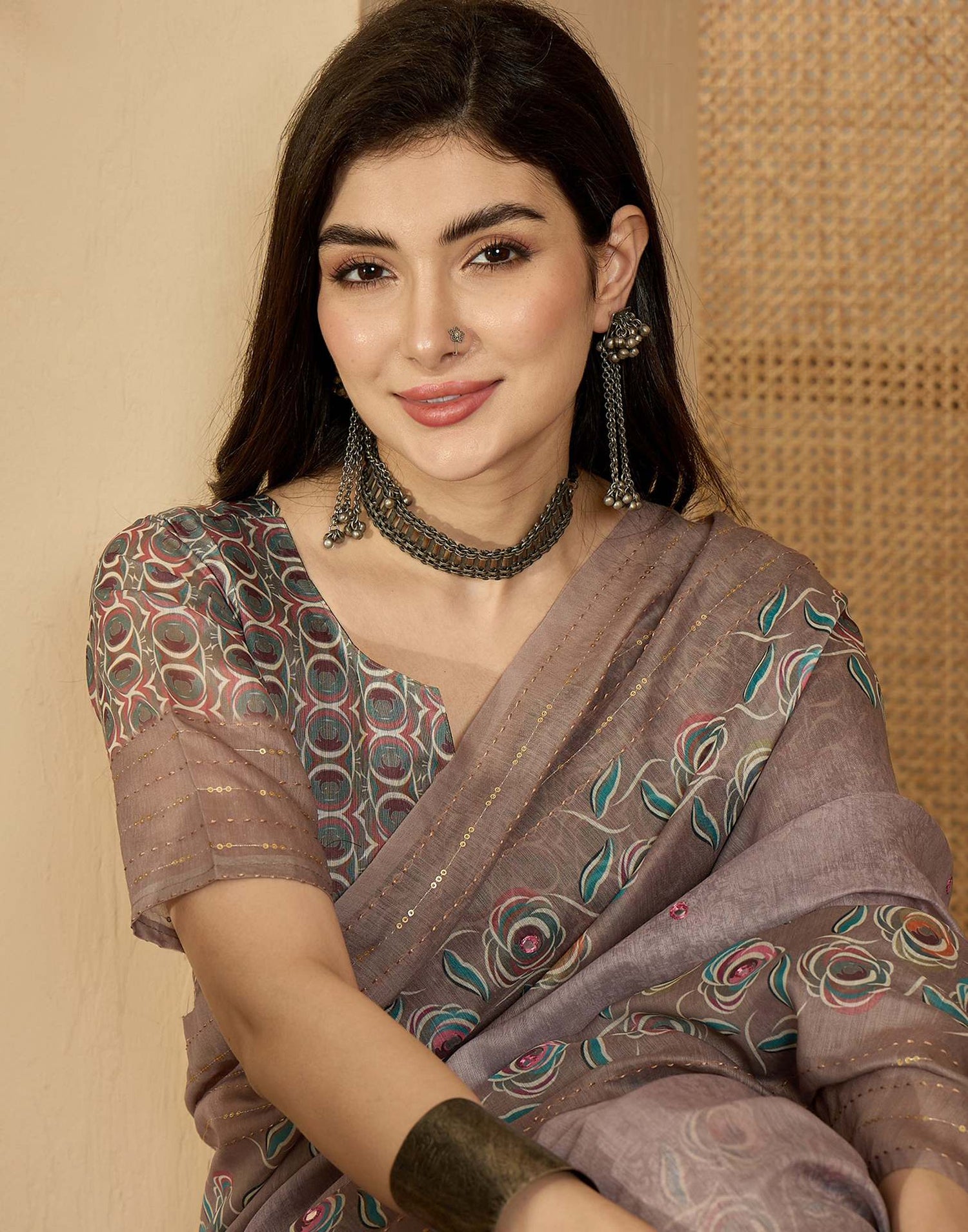 Mauve Linen Printed Saree