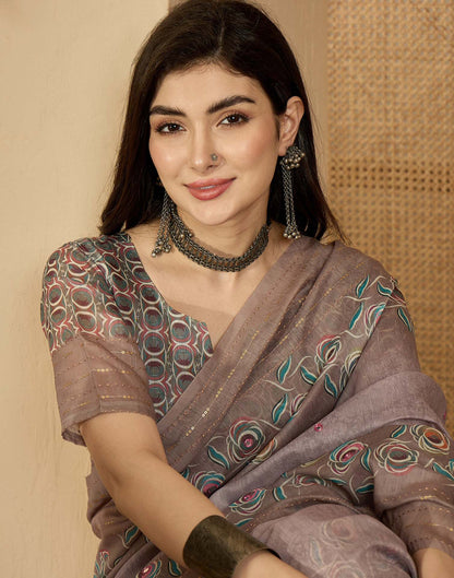 Mauve Linen Printed Saree