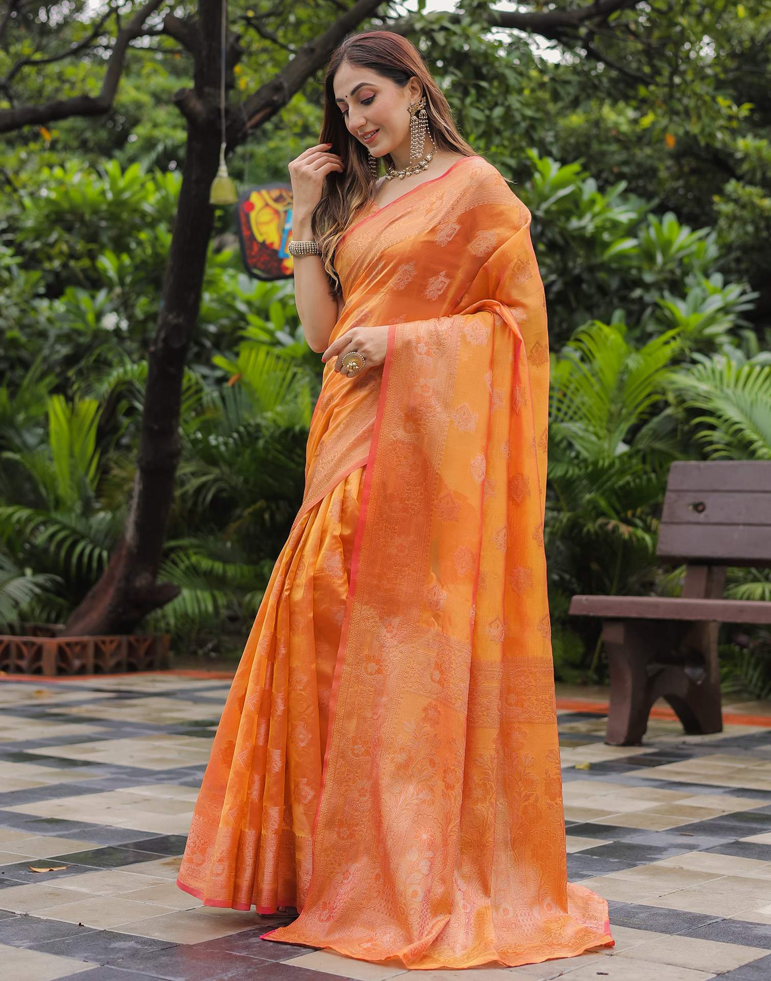 Pastel Orange Chanderi Silk Woven Banarasi Saree