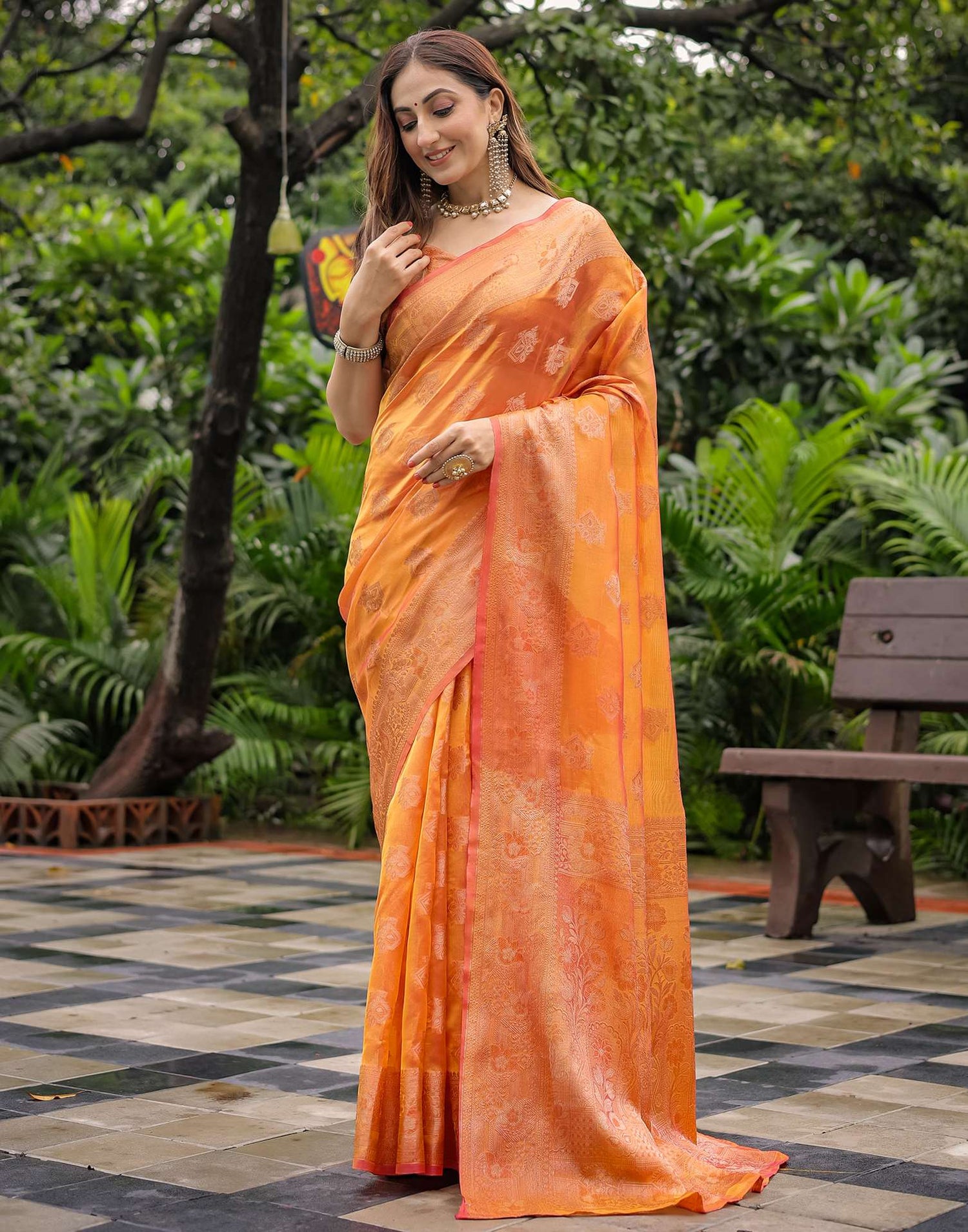 Pastel Orange Chanderi Silk Woven Banarasi Saree