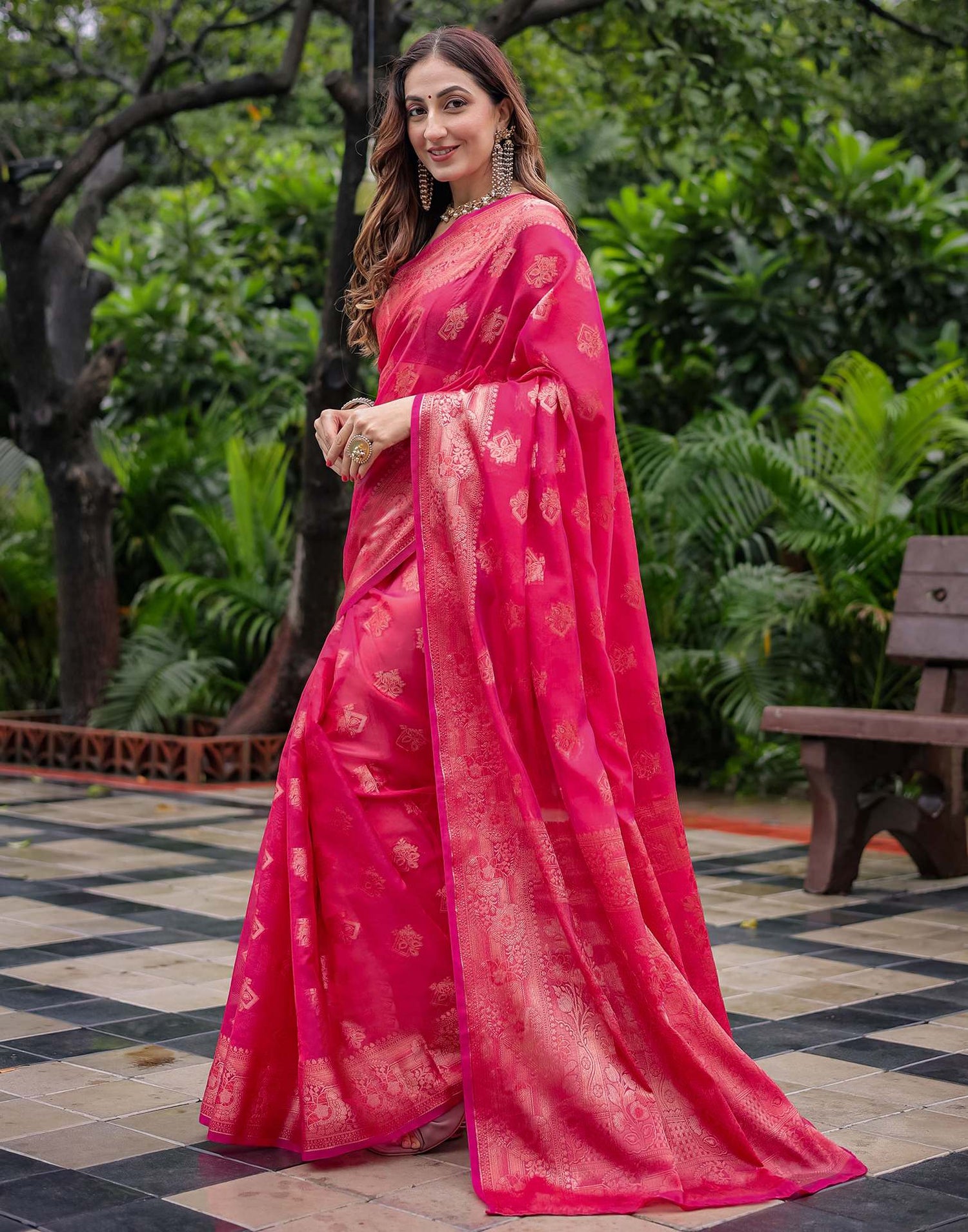 Dark Pink Chanderi Silk Woven Banarasi Saree