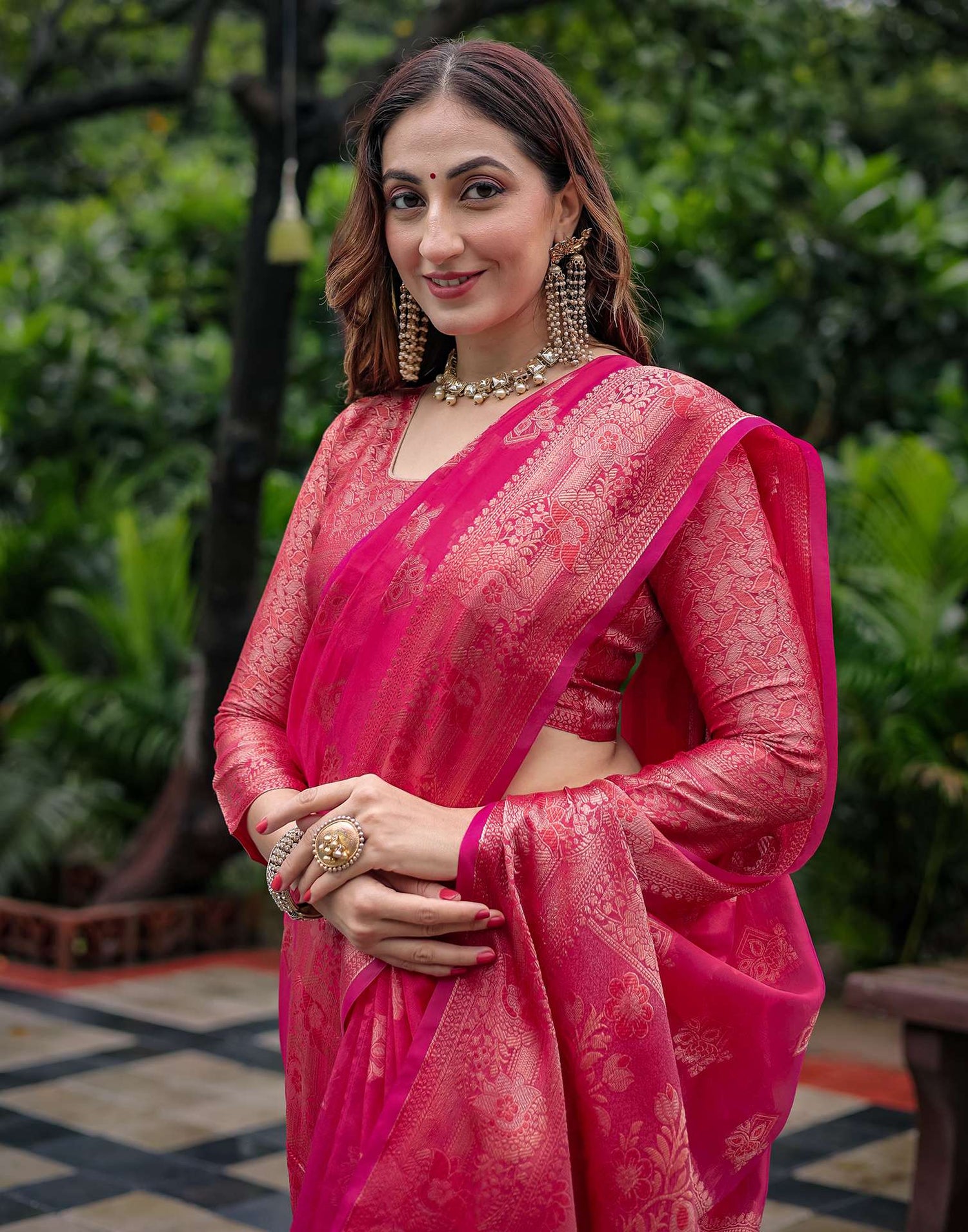 Dark Pink Chanderi Silk Woven Banarasi Saree
