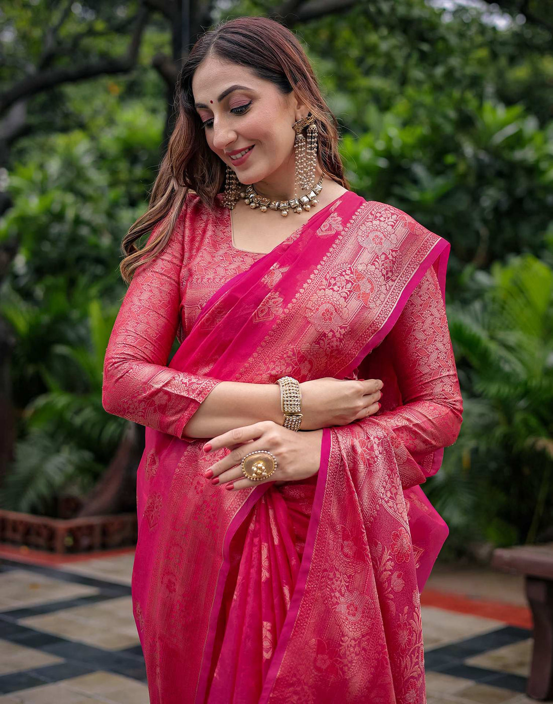 Dark Pink Chanderi Silk Woven Banarasi Saree