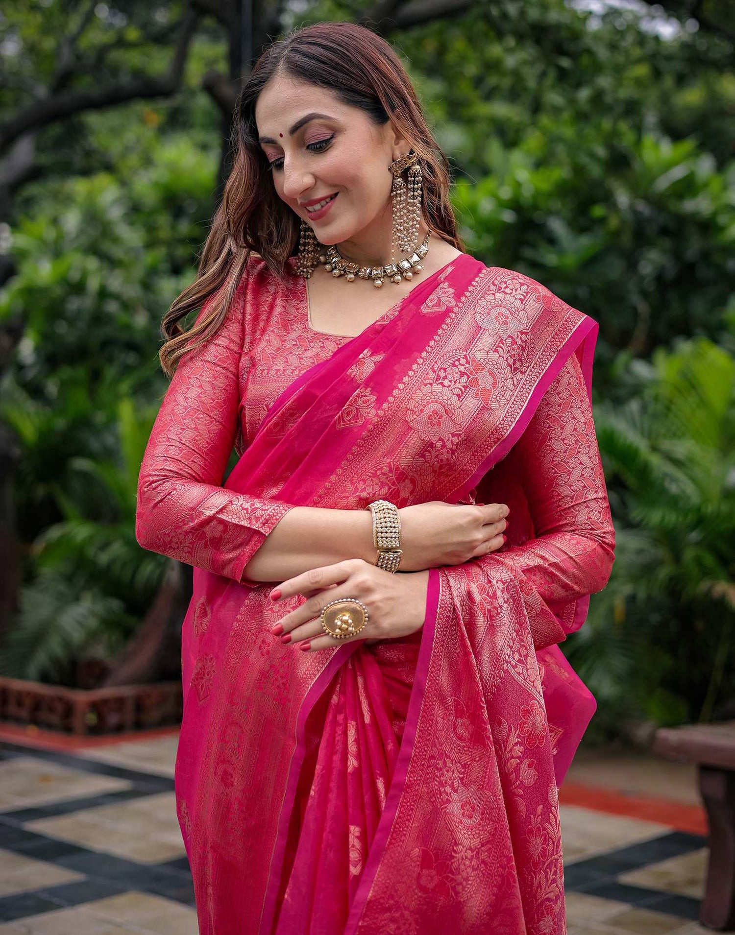 Dark Pink Chanderi Silk Woven Banarasi Saree