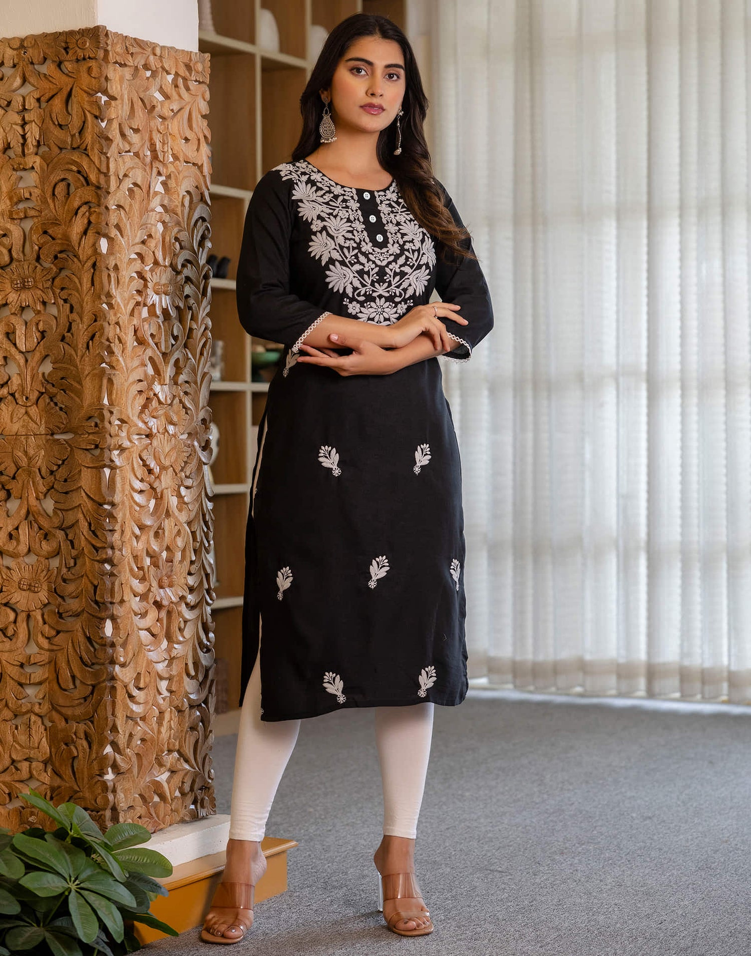 Black Cotton Embroidery Straight Kurti