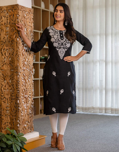 Black Cotton Embroidery Straight Kurti