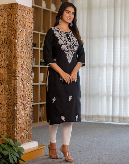 Black Cotton Embroidery Straight Kurti