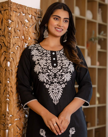 Black Cotton Embroidery Straight Kurti