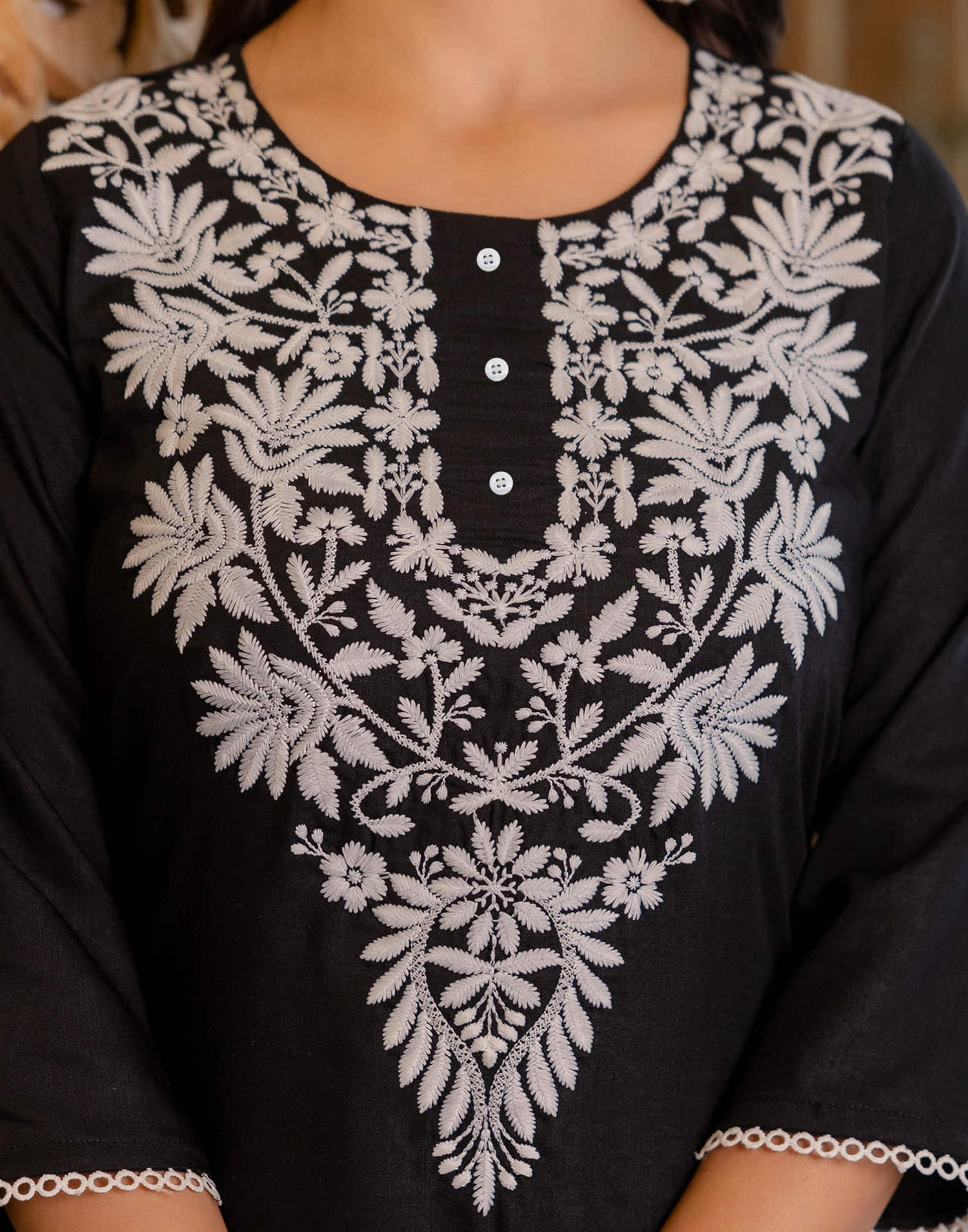 Black Cotton Embroidery Straight Kurti