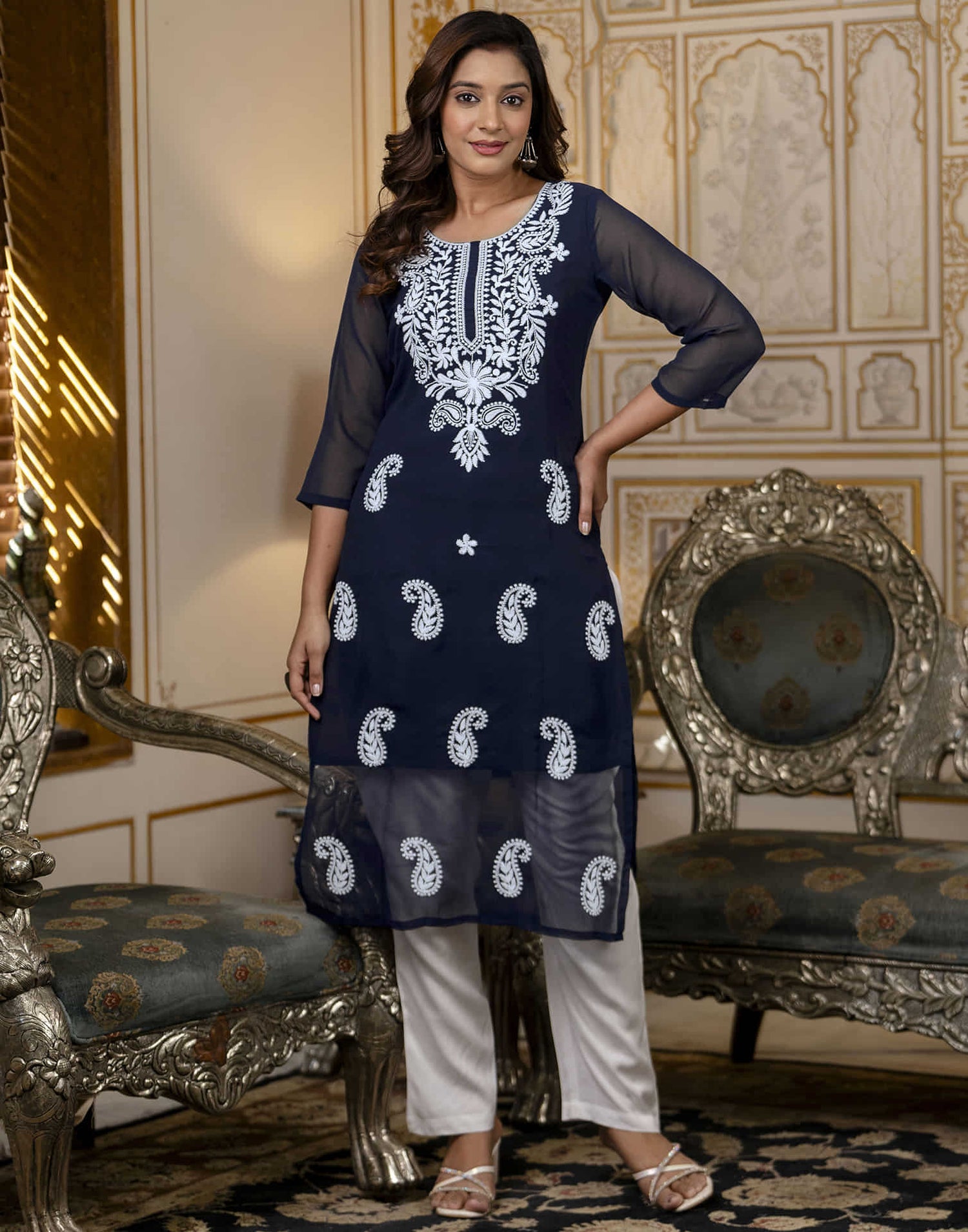 Navy Blue Georgette Embroidery Straight Kurti